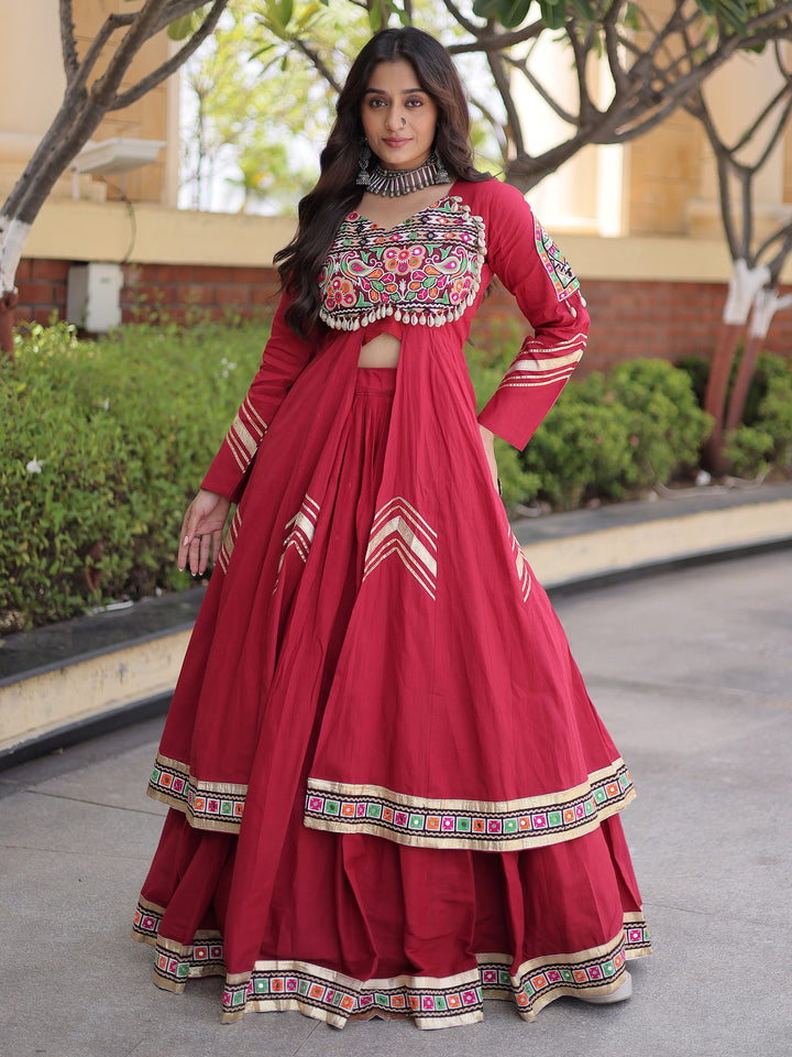 Royal Maroon Gamthi Work Cotton Navratri Wear Lehenga With Shrug Set