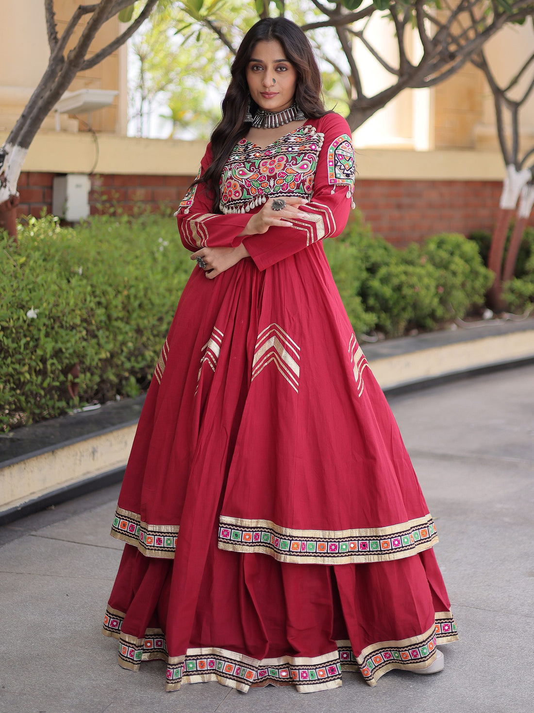 Royal Maroon Gamthi Work Cotton Navratri Wear Lehenga With Shrug Set