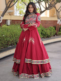 Royal Maroon Gamthi Work Cotton Navratri Wear Lehenga With Shrug Set
