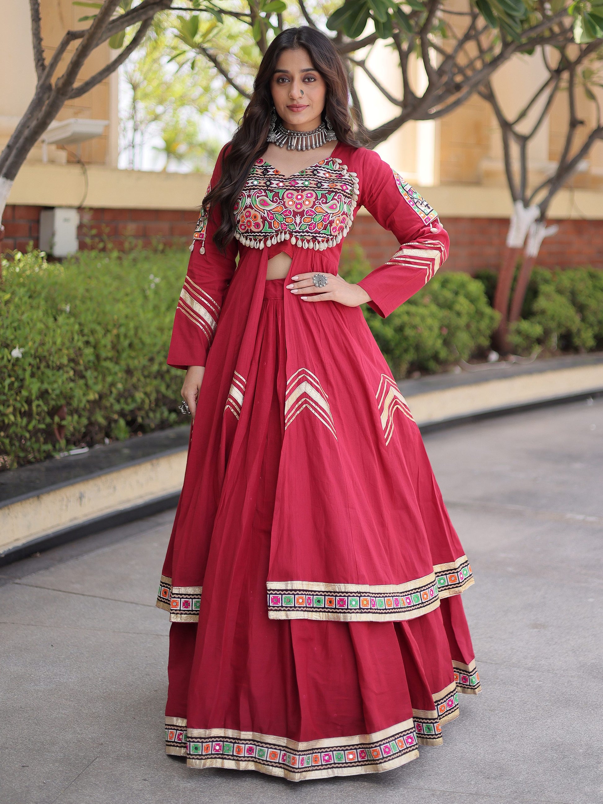 Royal Maroon Gamthi Work Cotton Navratri Wear Lehenga With Shrug Set