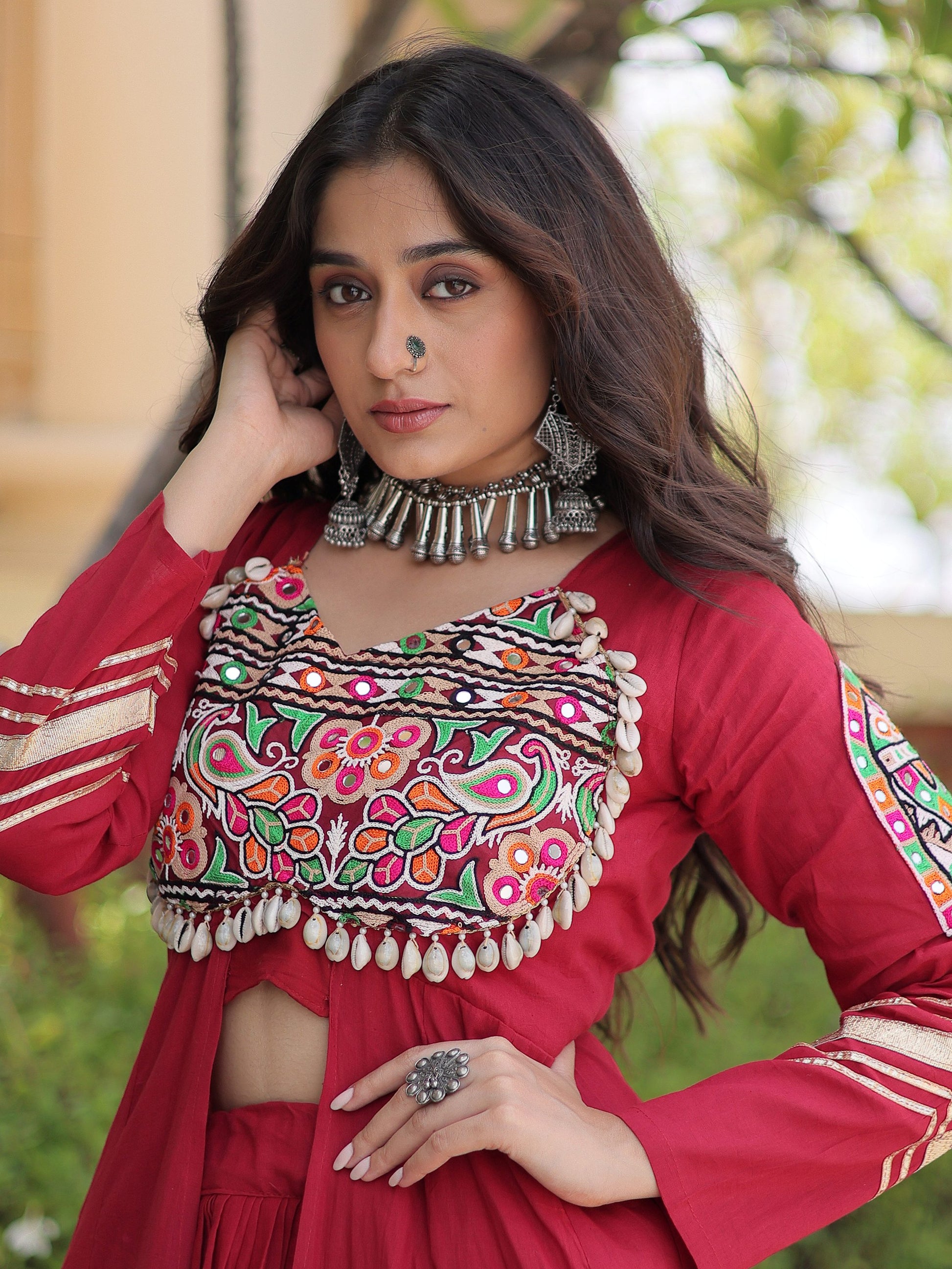 Royal Maroon Gamthi Work Cotton Navratri Wear Lehenga With Shrug Set