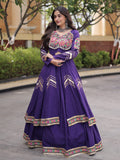 Trendy Purple Gota Patti Cotton Navratri Wear Lehenga Set With Shrug