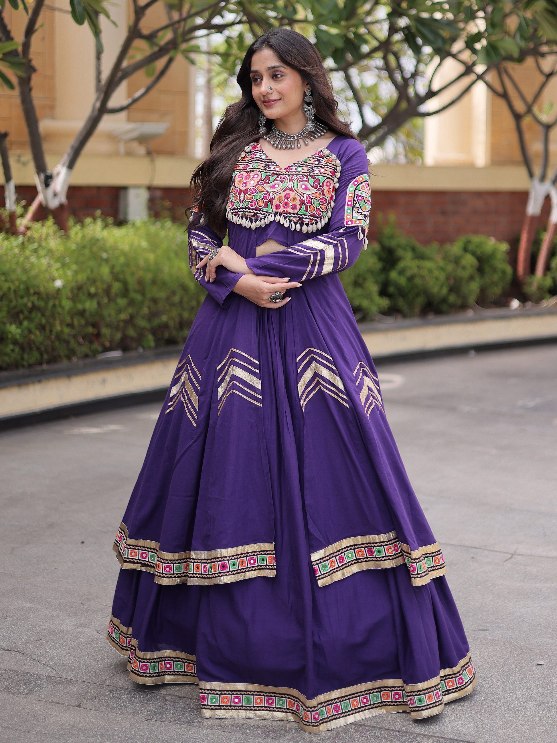 Trendy Purple Gota Patti Cotton Navratri Wear Lehenga Set With Shrug