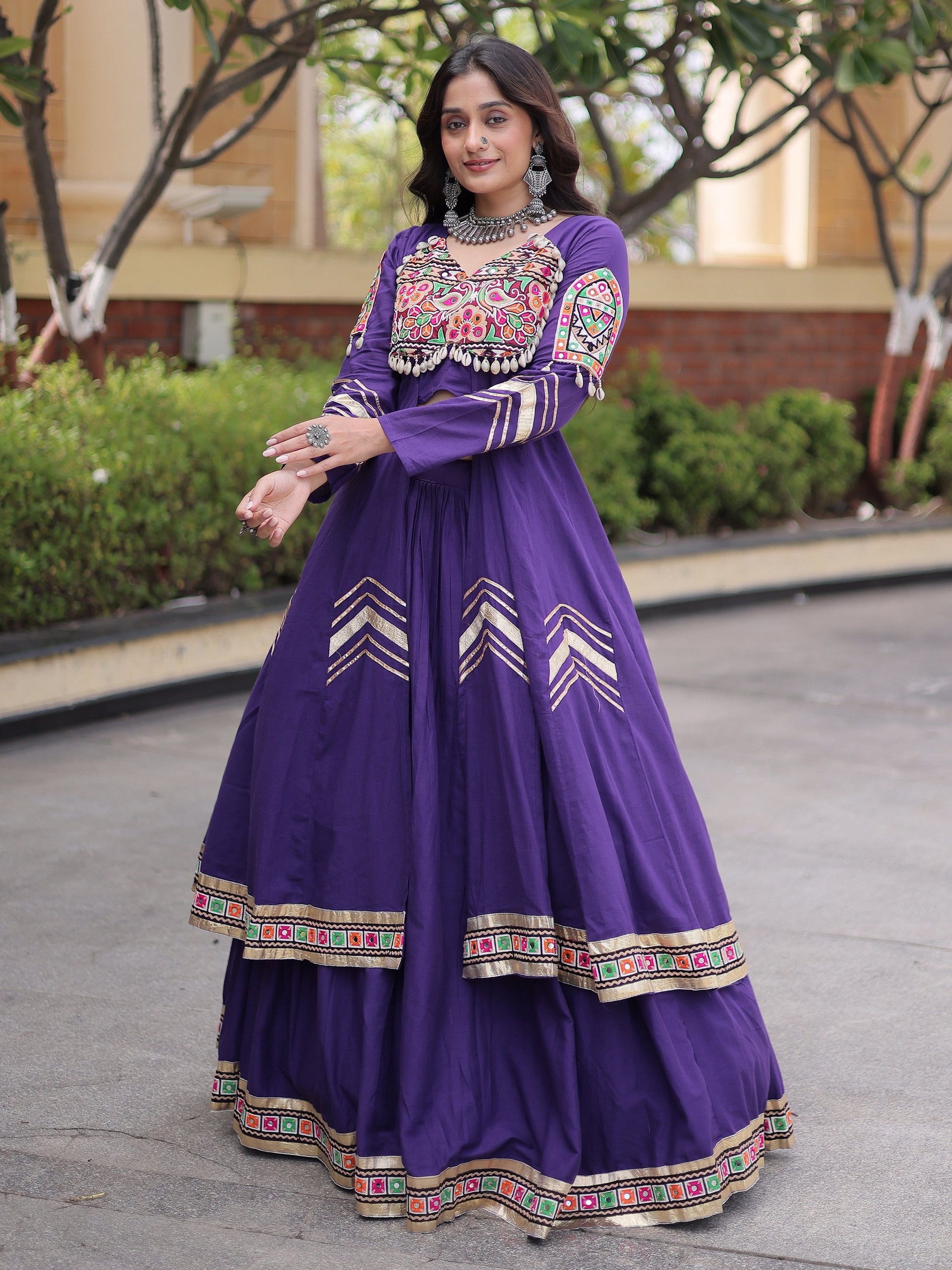 Trendy Purple Gota Patti Cotton Navratri Wear Lehenga Set With Shrug