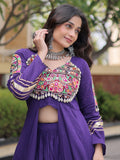 Trendy Purple Gota Patti Cotton Navratri Wear Lehenga Set With Shrug