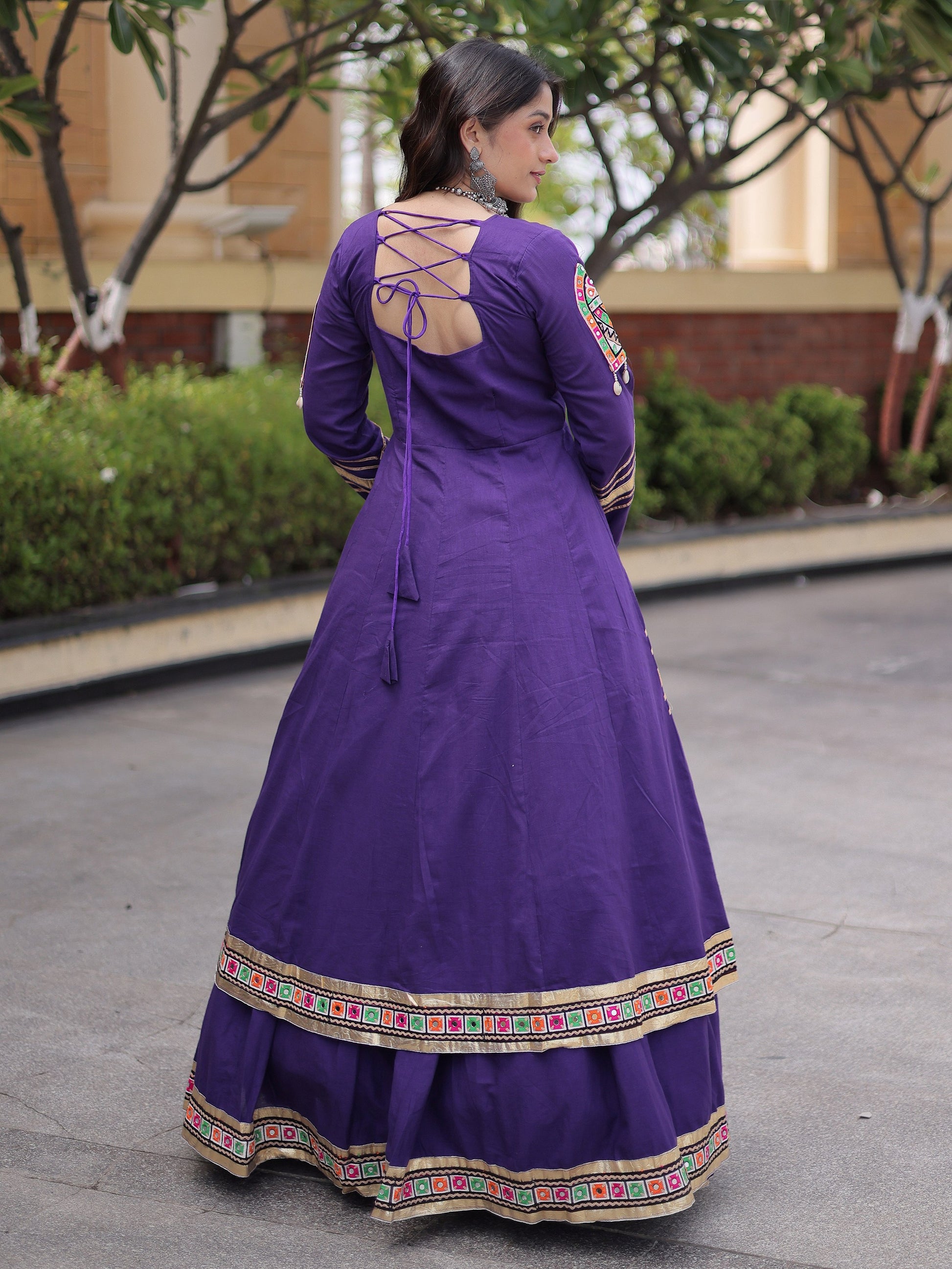 Trendy Purple Gota Patti Cotton Navratri Wear Lehenga Set With Shrug