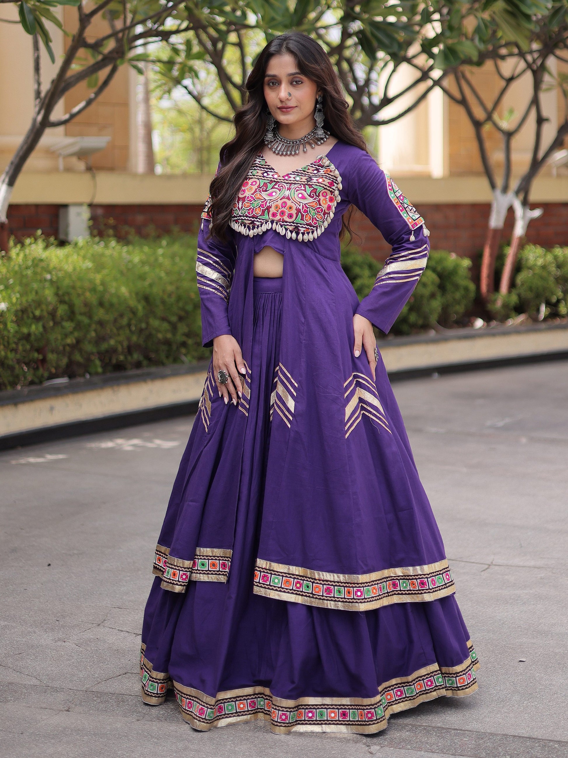 Trendy Purple Gota Patti Cotton Navratri Wear Lehenga Set With Shrug