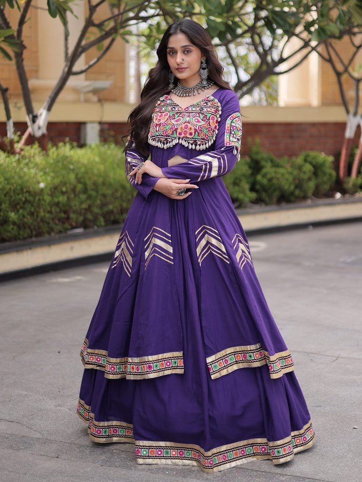 Trendy Purple Gota Patti Cotton Navratri Wear Lehenga Set With Shrug