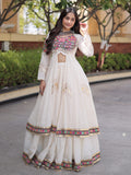Graceful White Mirror Work Cotton Navratri Wear Lehenga Set With Shrug