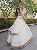 Graceful White Mirror Work Cotton Navratri Wear Lehenga Set With Shrug