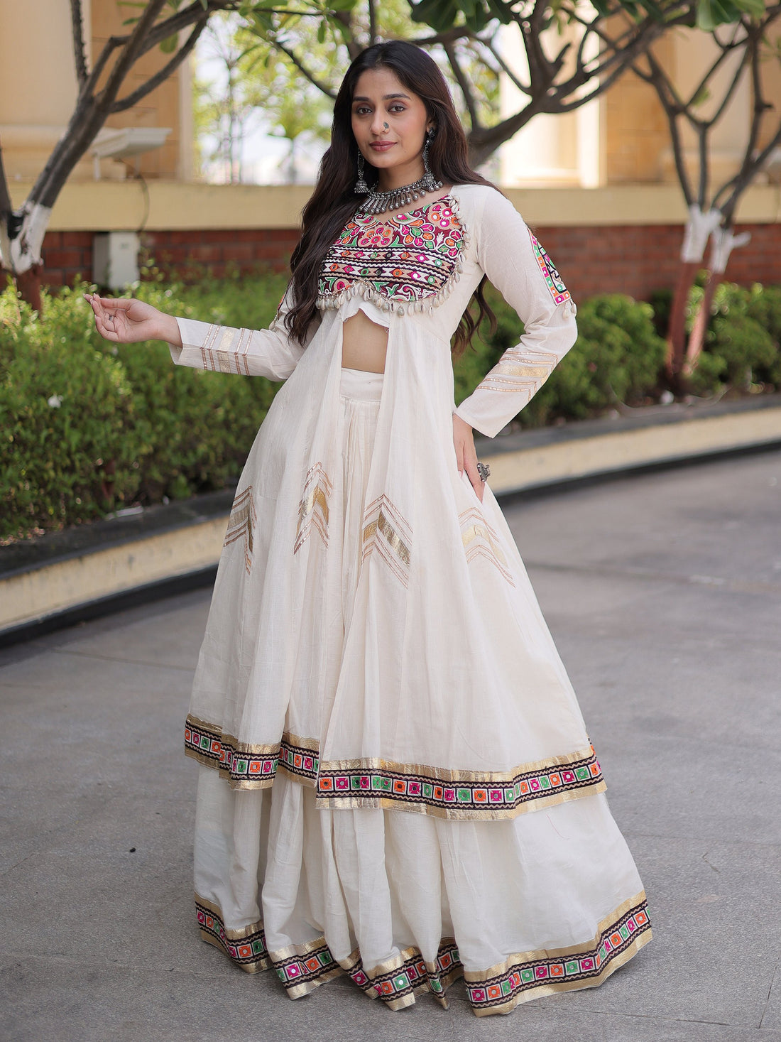 Graceful White Mirror Work Cotton Navratri Wear Lehenga Set With Shrug