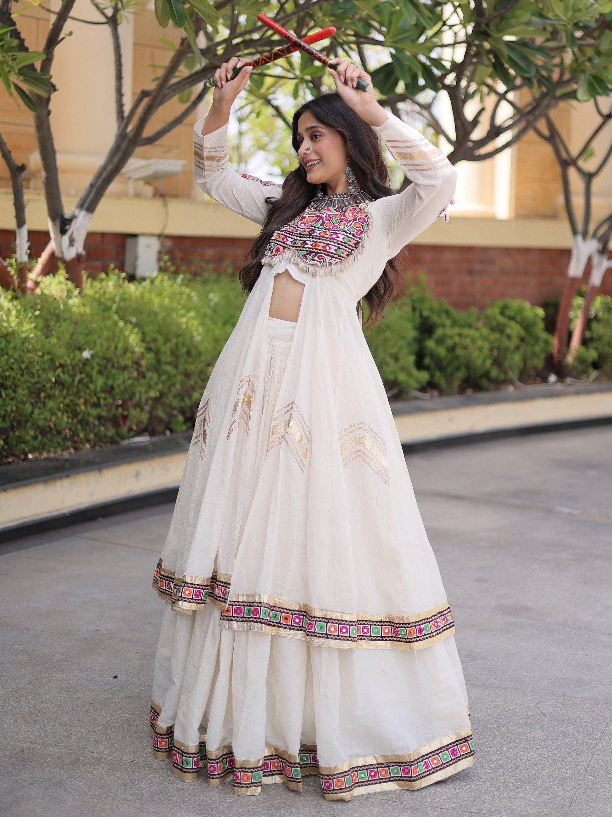 Graceful White Mirror Work Cotton Navratri Wear Lehenga Set With Shrug