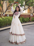 Graceful White Mirror Work Cotton Navratri Wear Lehenga Set With Shrug