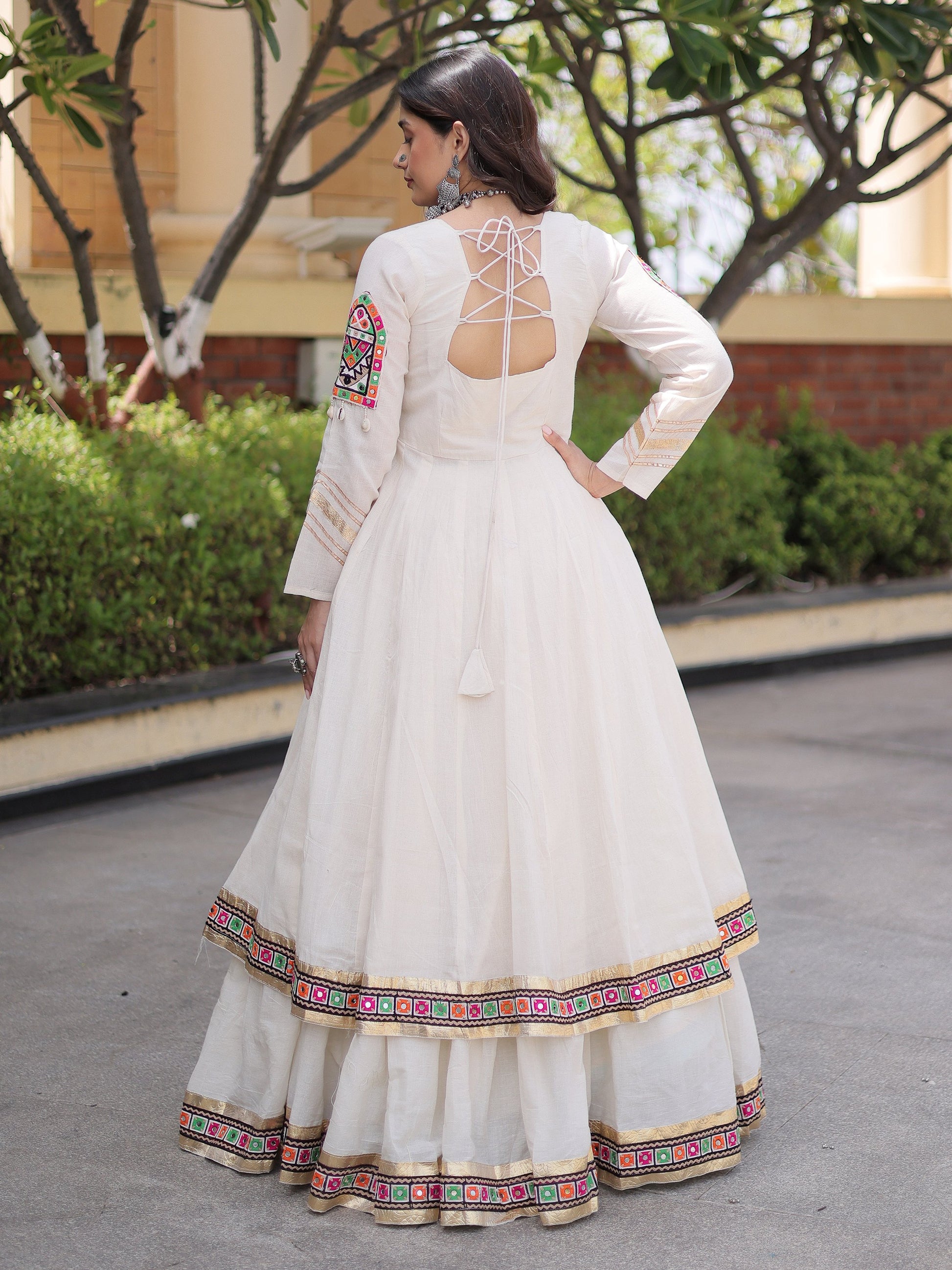 Graceful White Mirror Work Cotton Navratri Wear Lehenga Set With Shrug