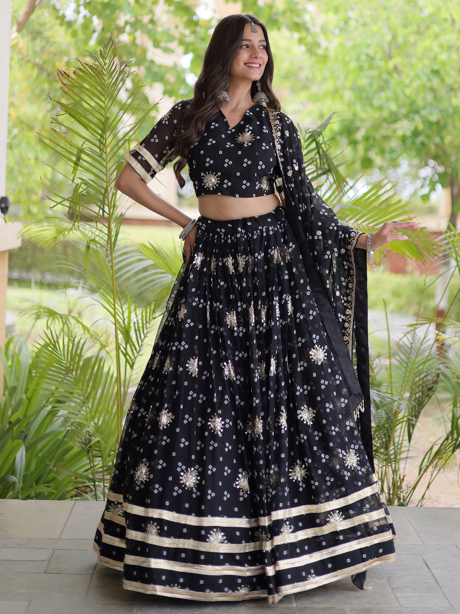 Great Black Bandhej Printed georgette Navratri Wear Lehenga choli With Dupatta