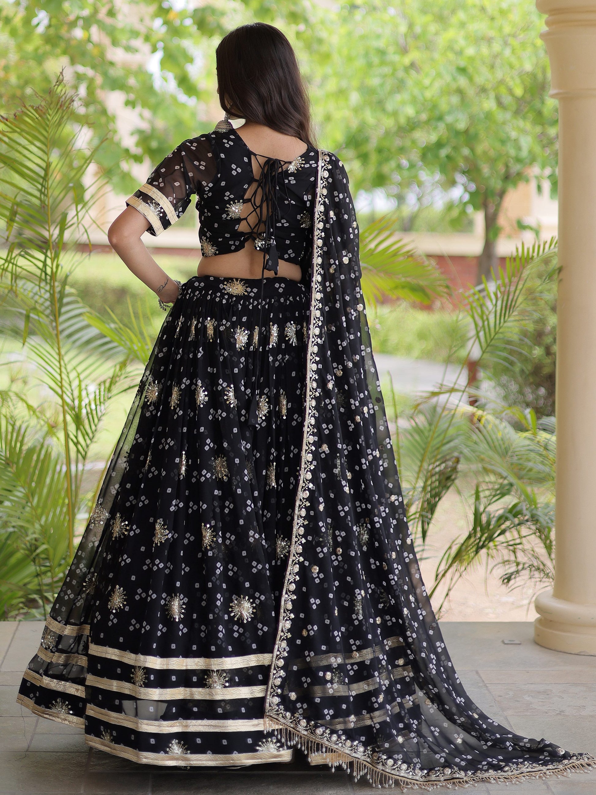 Great Black Bandhej Printed georgette Navratri Wear Lehenga choli With Dupatta