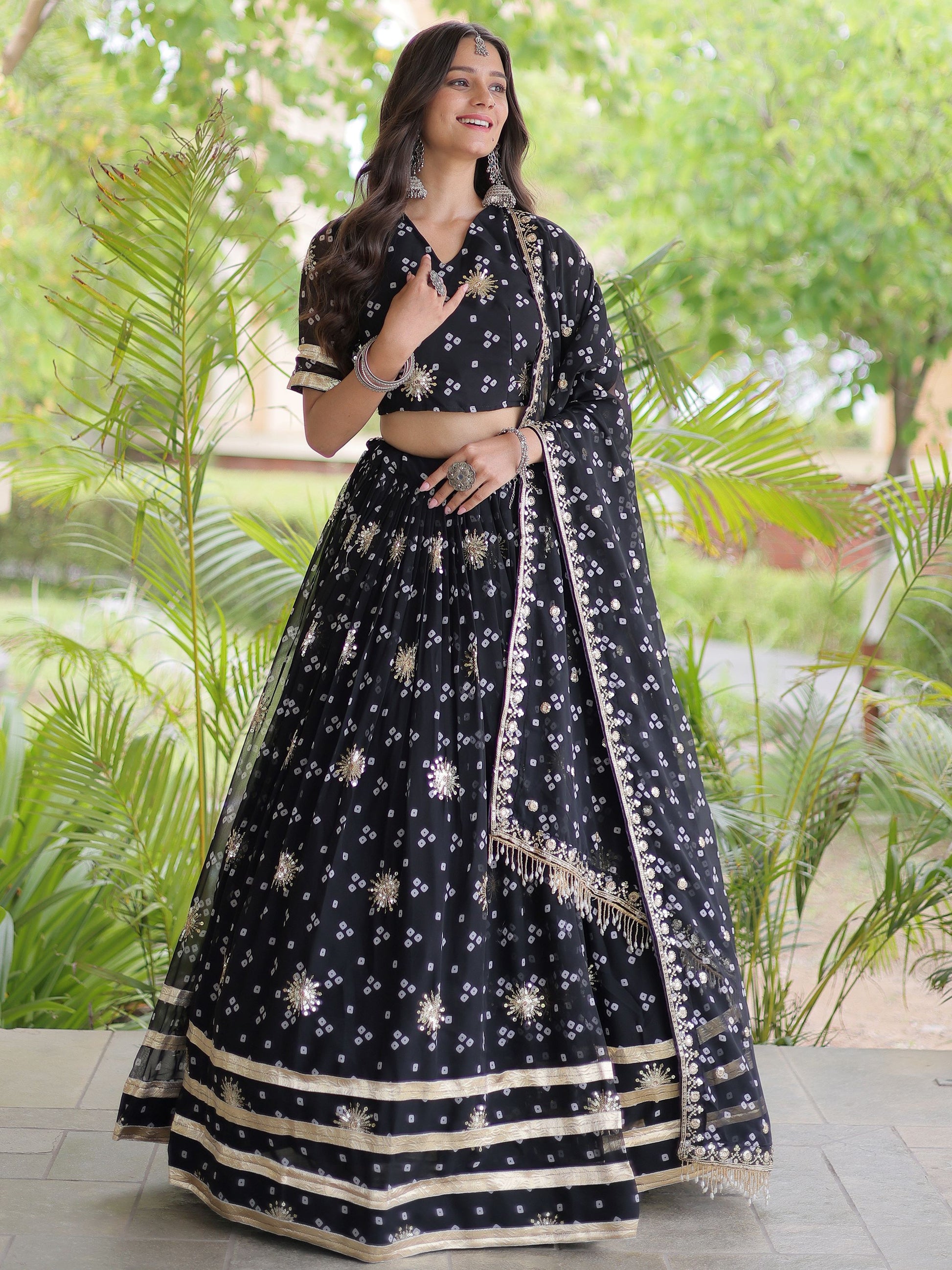 Great Black Bandhej Printed georgette Navratri Wear Lehenga choli With Dupatta