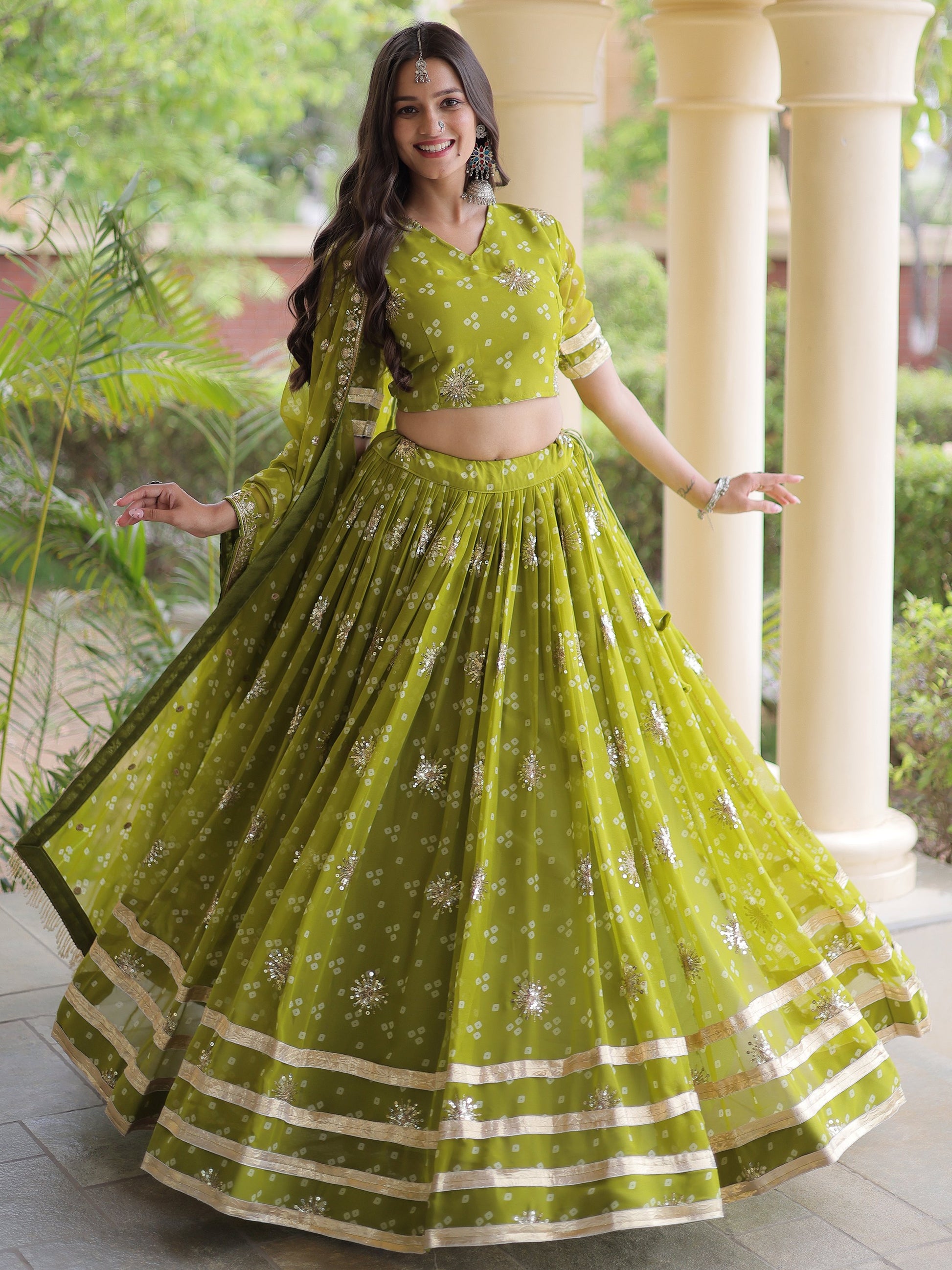 Lovely Green Sequins Work Georgette Navratri Wear Lehenga Choli With Dupatta