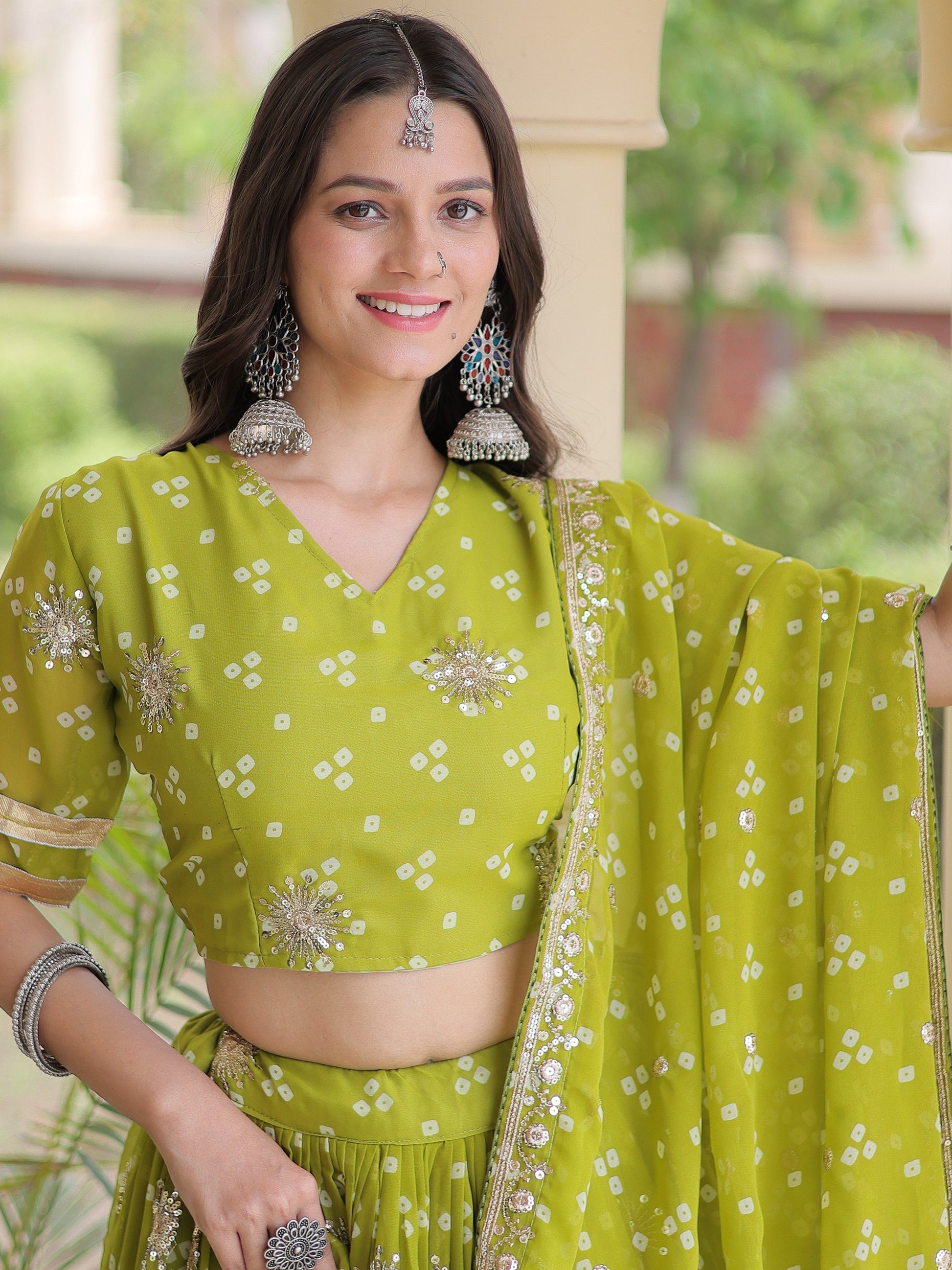 Lovely Green Sequins Work Georgette Navratri Wear Lehenga Choli With Dupatta