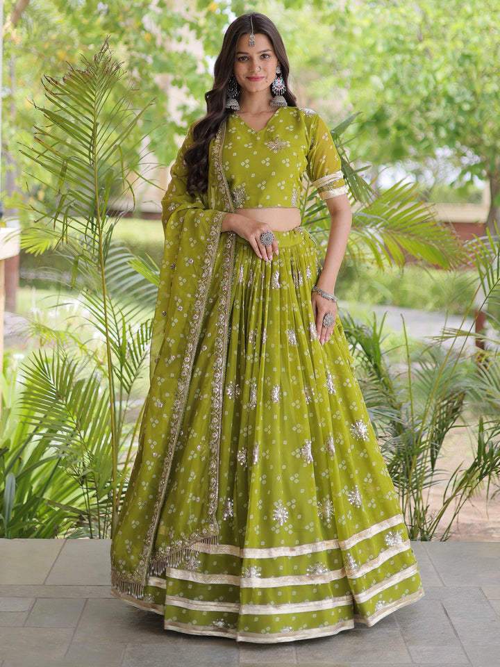 Lovely Green Sequins Work Georgette Navratri Wear Lehenga Choli With Dupatta