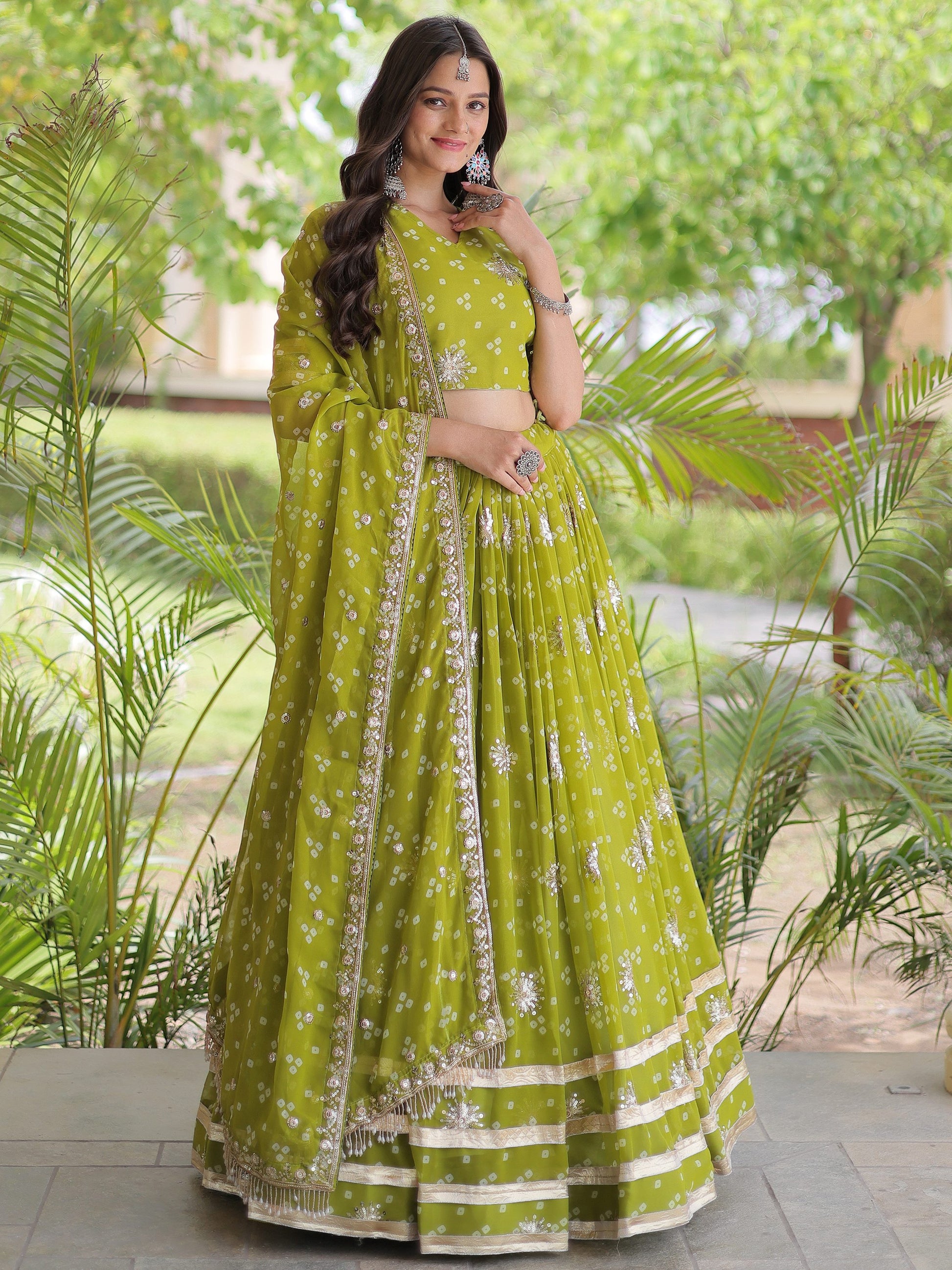 Lovely Green Sequins Work Georgette Navratri Wear Lehenga Choli With Dupatta