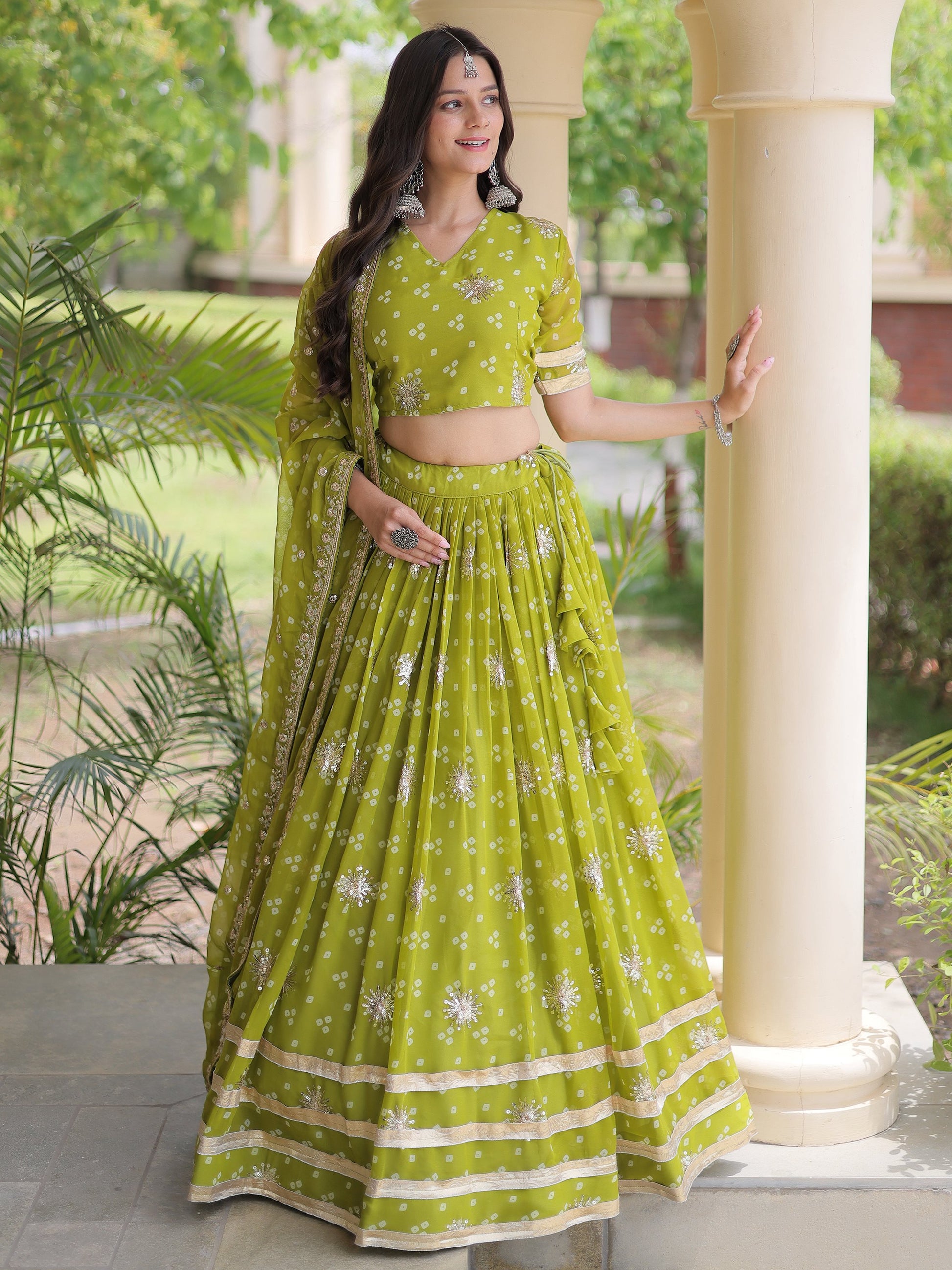 Lovely Green Sequins Work Georgette Navratri Wear Lehenga Choli With Dupatta