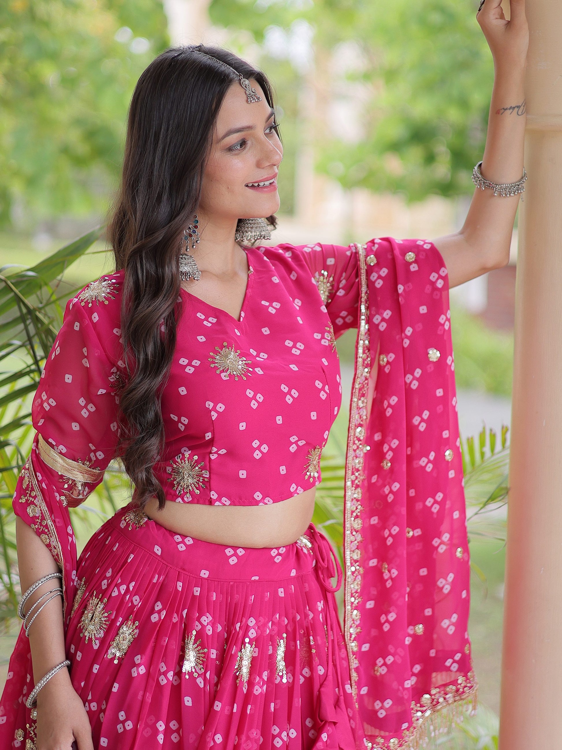 Classic Pink Zari Work Georgette Navratri Wear Lehenga Choli With Dupatta