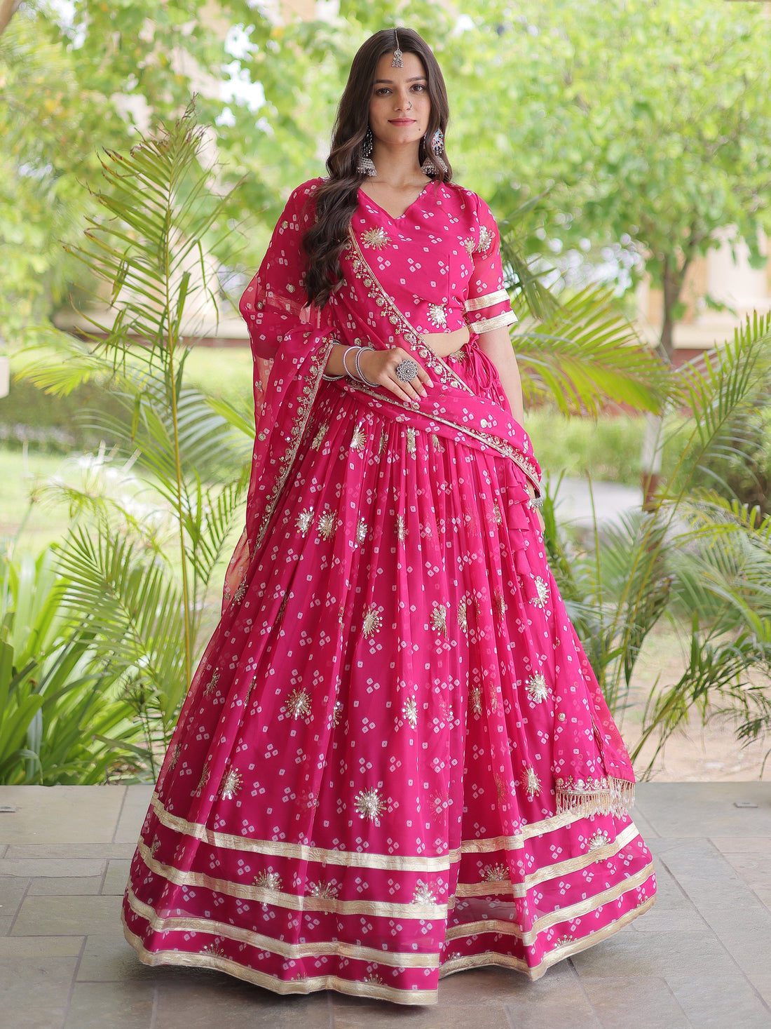 Classic Pink Zari Work Georgette Navratri Wear Lehenga Choli With Dupatta