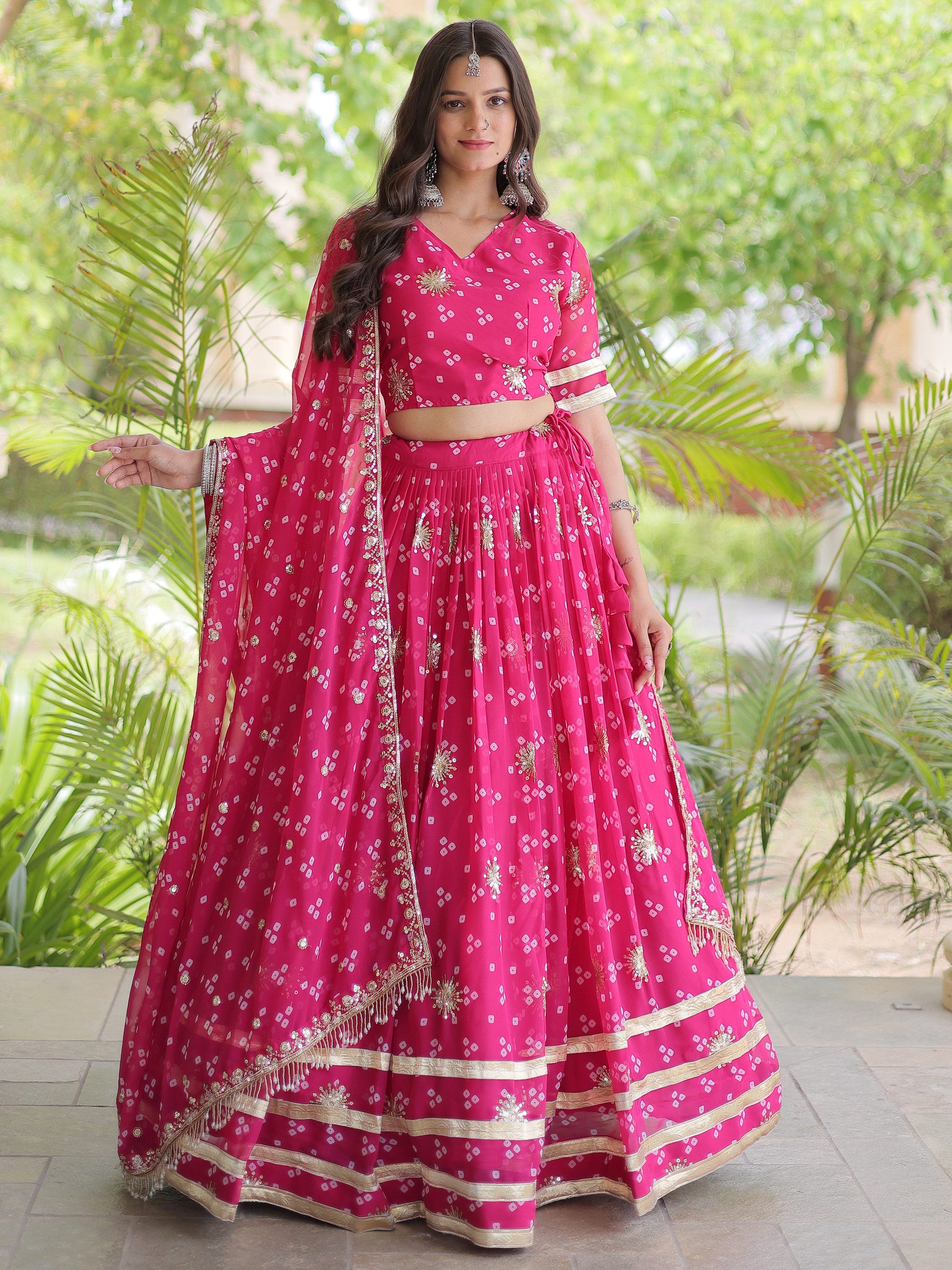 Classic Pink Zari Work Georgette Navratri Wear Lehenga Choli With Dupatta