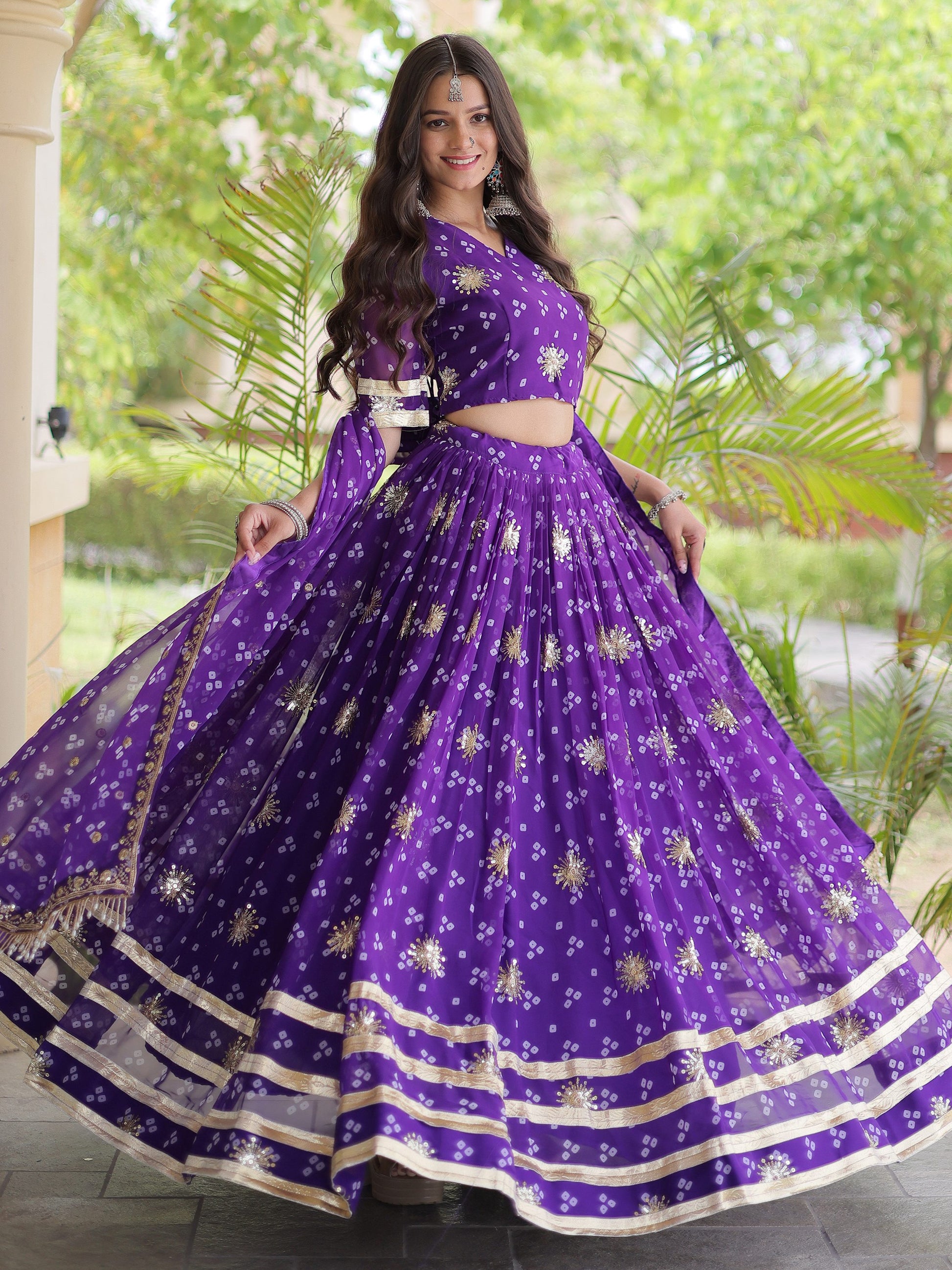 Elegant Purple Zari Work Georgette Navratri Wear Lehenga Choli With Dupatta