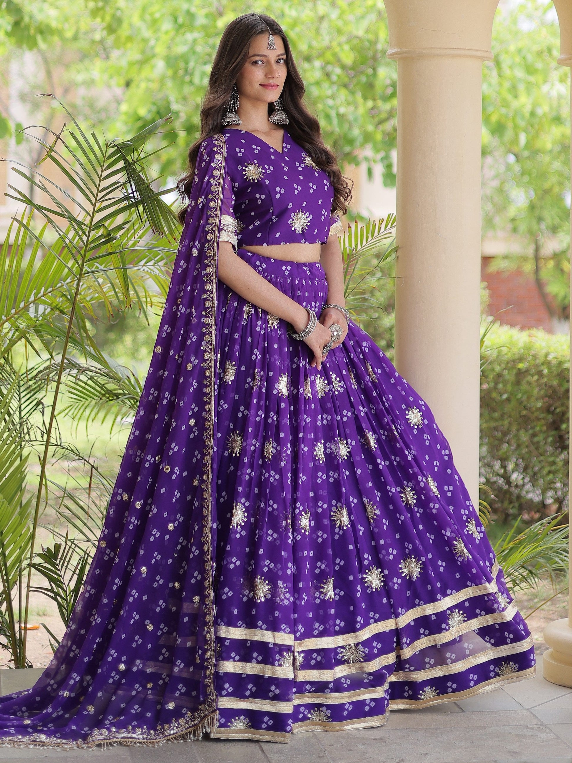 Elegant Purple Zari Work Georgette Navratri Wear Lehenga Choli With Dupatta