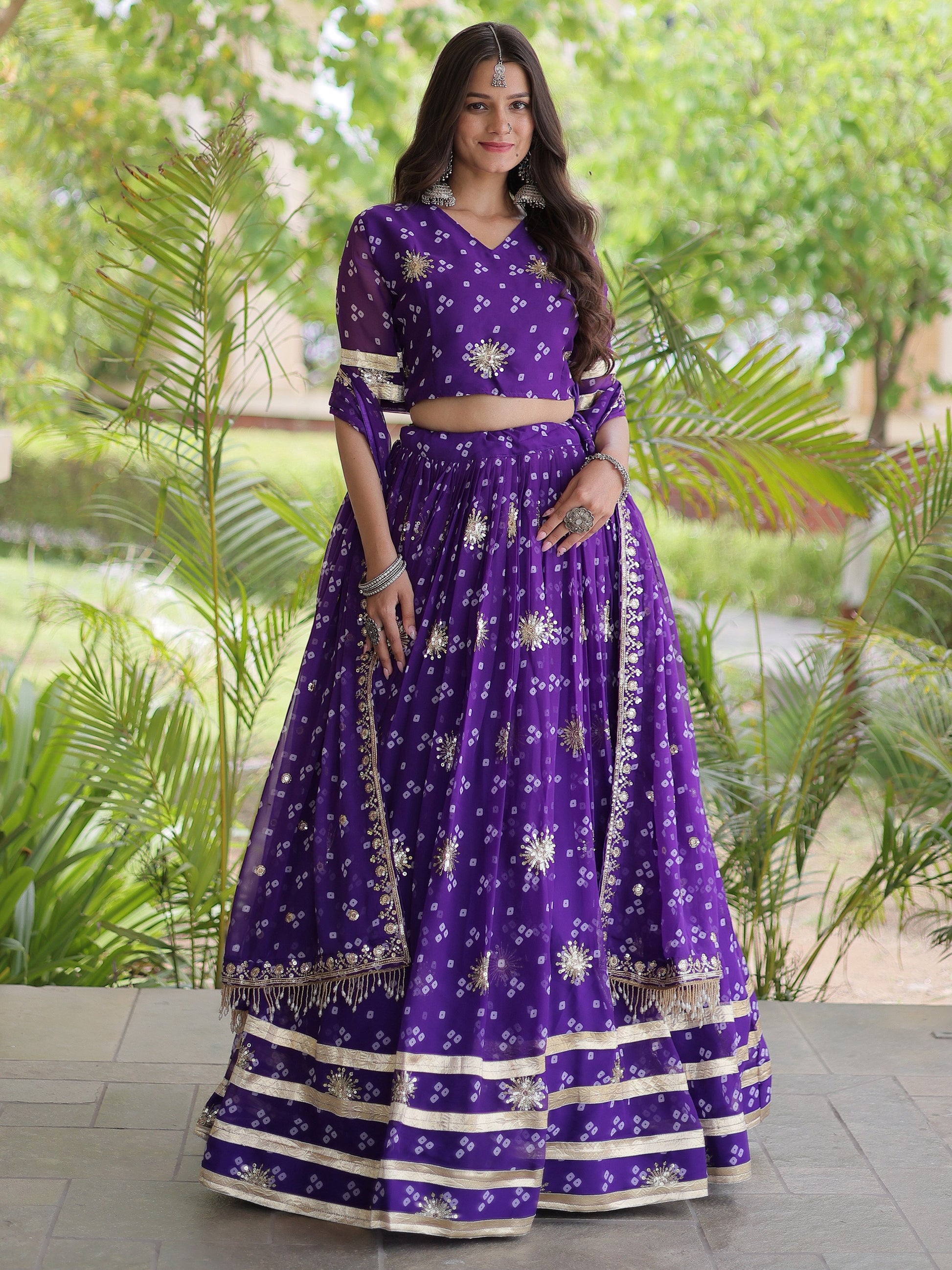 Elegant Purple Zari Work Georgette Navratri Wear Lehenga Choli With Dupatta