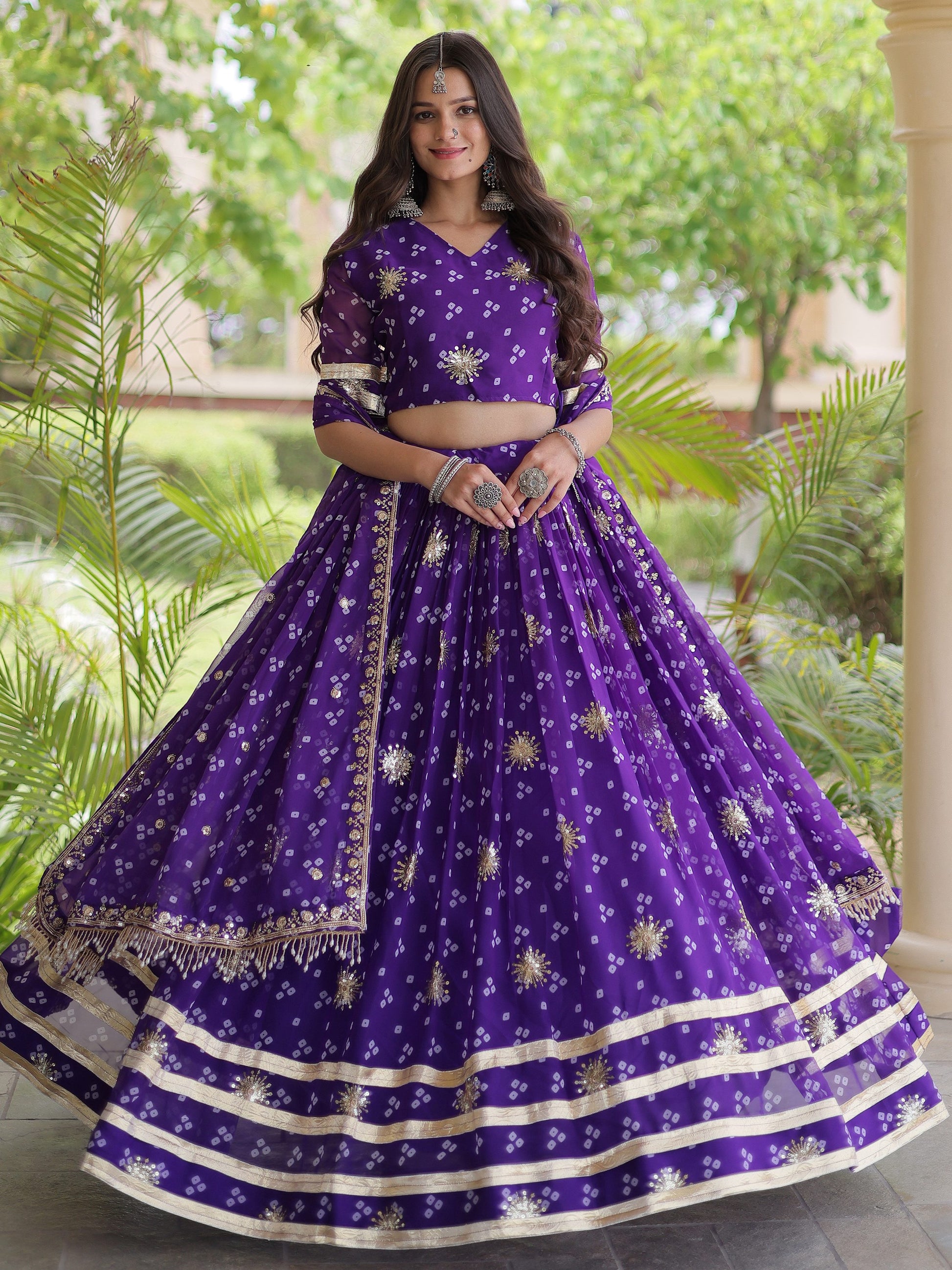 Elegant Purple Zari Work Georgette Navratri Wear Lehenga Choli With Dupatta