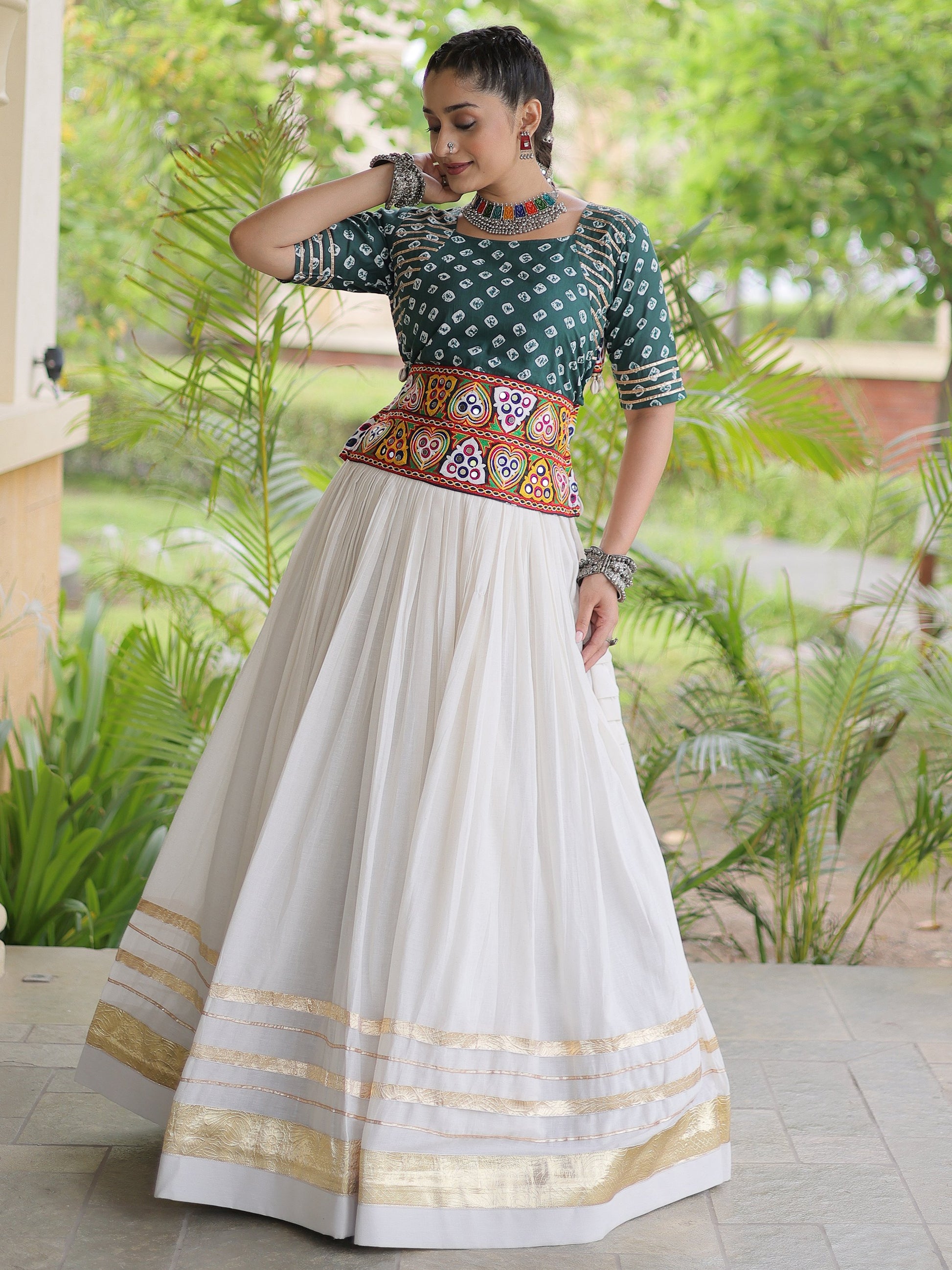 Stylish Green Gamthi Embroidered Cotton Navratri Wear Lehenga Choli