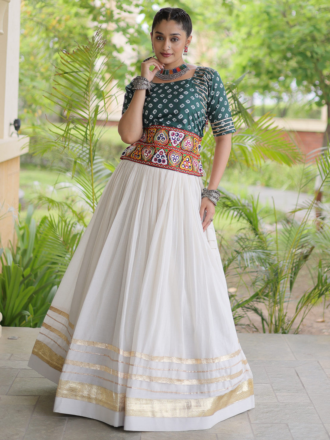 Stylish Green Gamthi Embroidered Cotton Navratri Wear Lehenga Choli