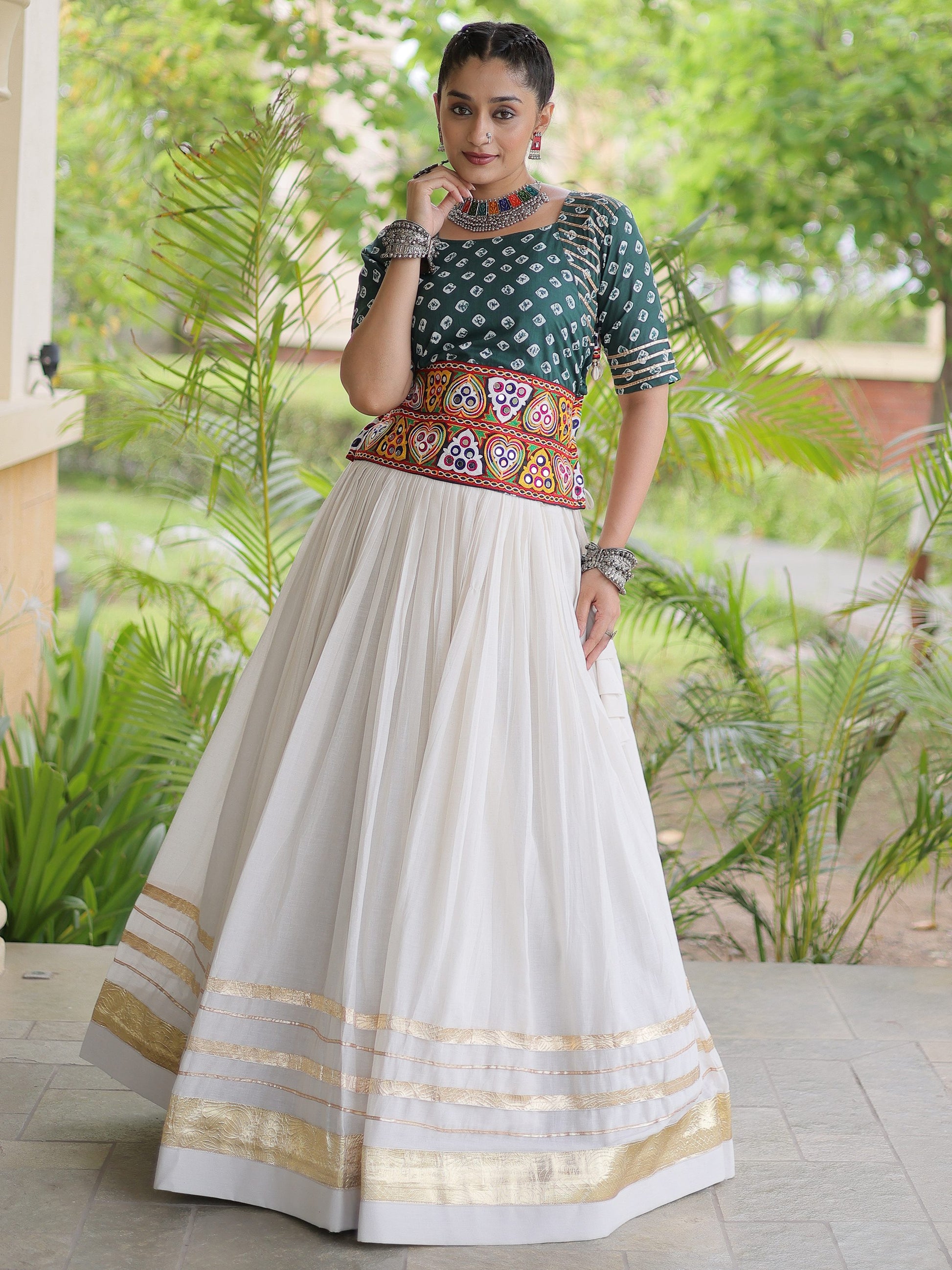 Stylish Green Gamthi Embroidered Cotton Navratri Wear Lehenga Choli