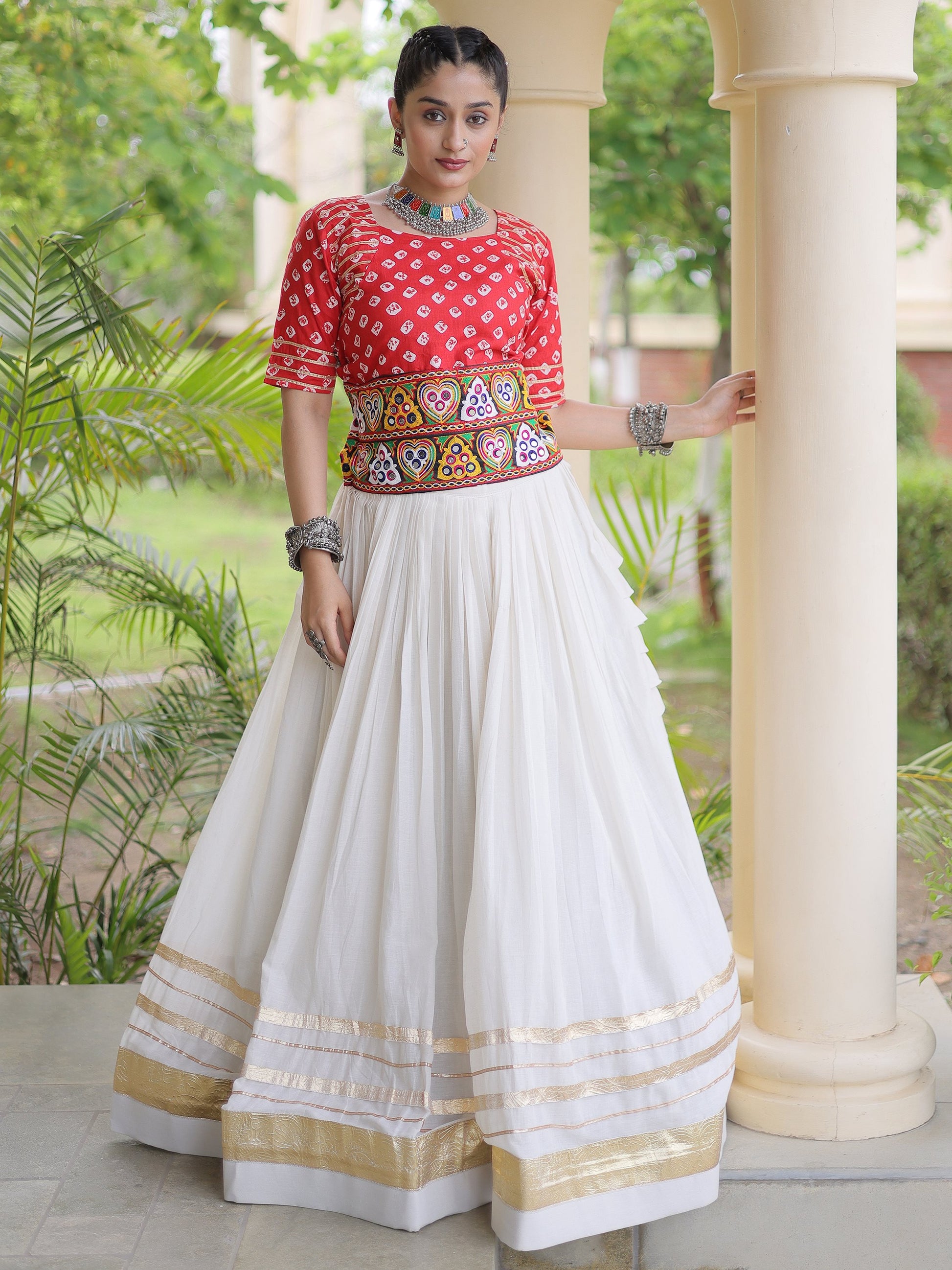 Elegant Red Gamthi Embroidered Cotton Navratri Wear Lehenga Choli