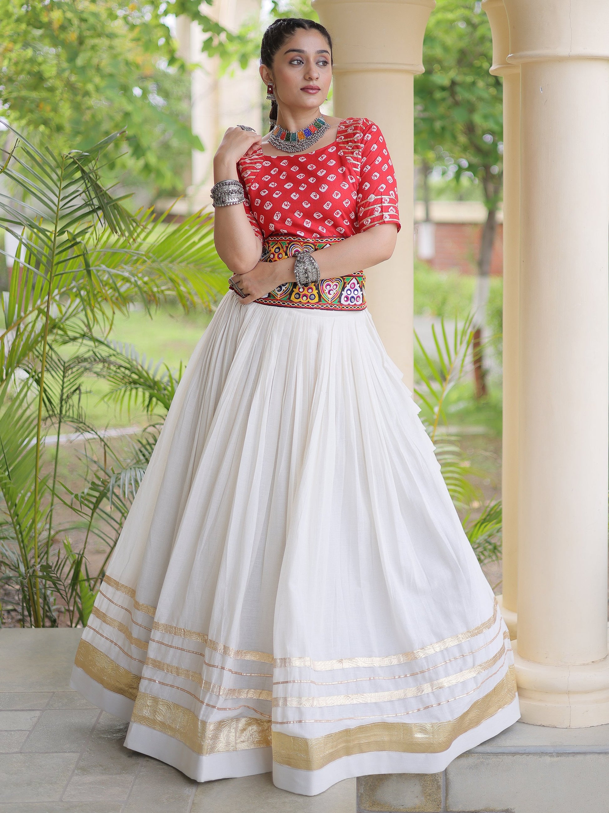 Elegant Red Gamthi Embroidered Cotton Navratri Wear Lehenga Choli