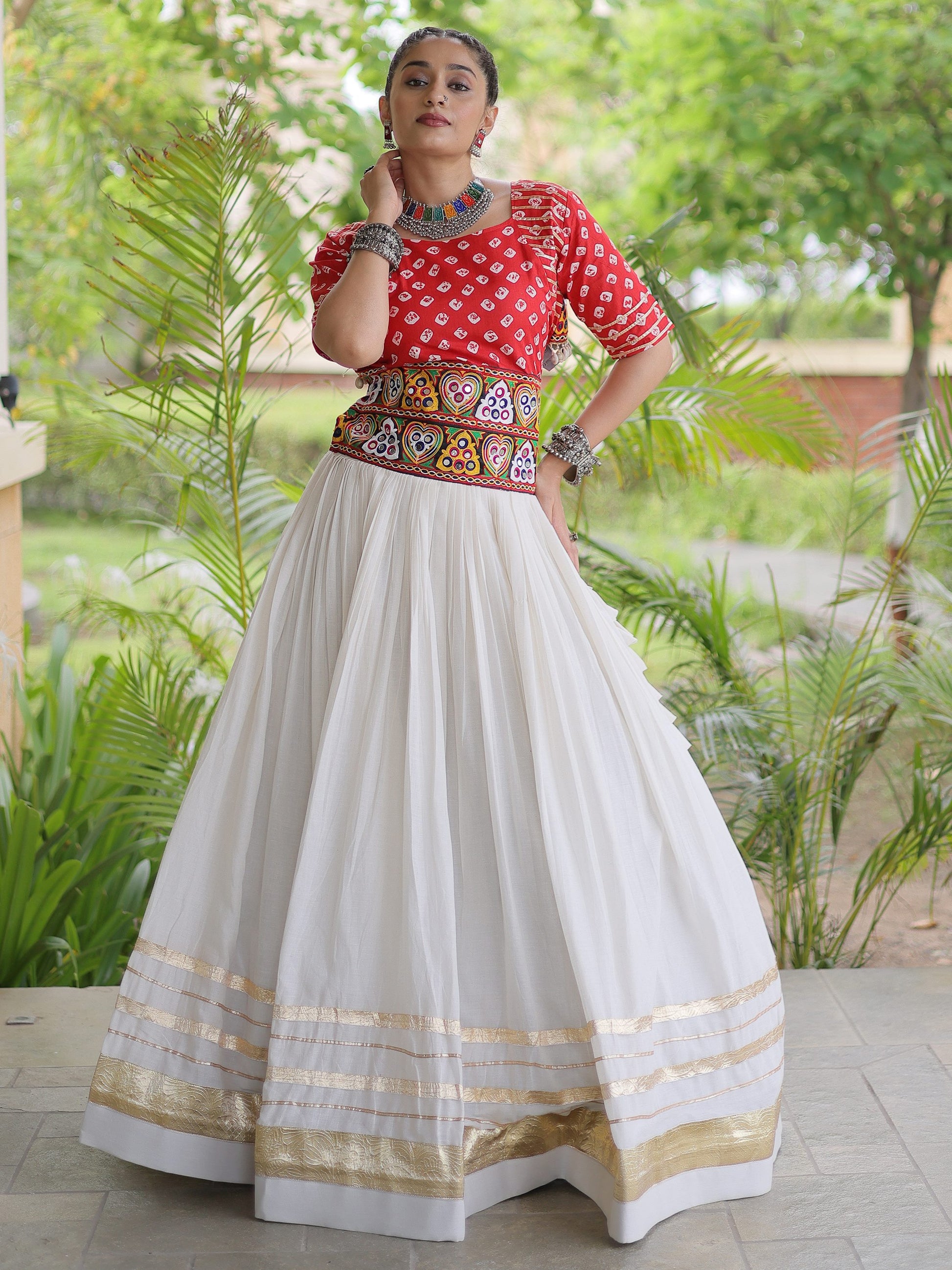 Elegant Red Gamthi Embroidered Cotton Navratri Wear Lehenga Choli