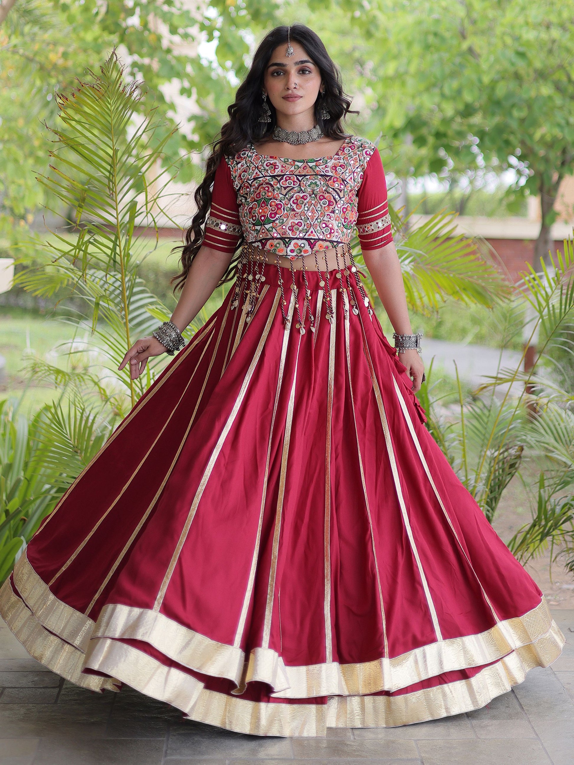 Fantastic Maroon Gamthi Work Rayon Navratri Wear Lehenga Choli