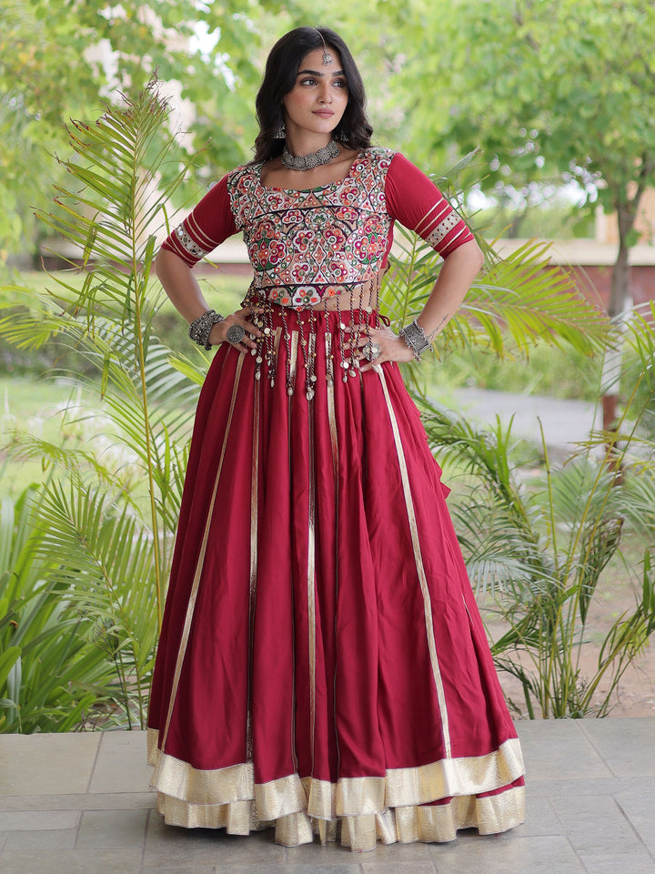 Fantastic Maroon Gamthi Work Rayon Navratri Wear Lehenga Choli