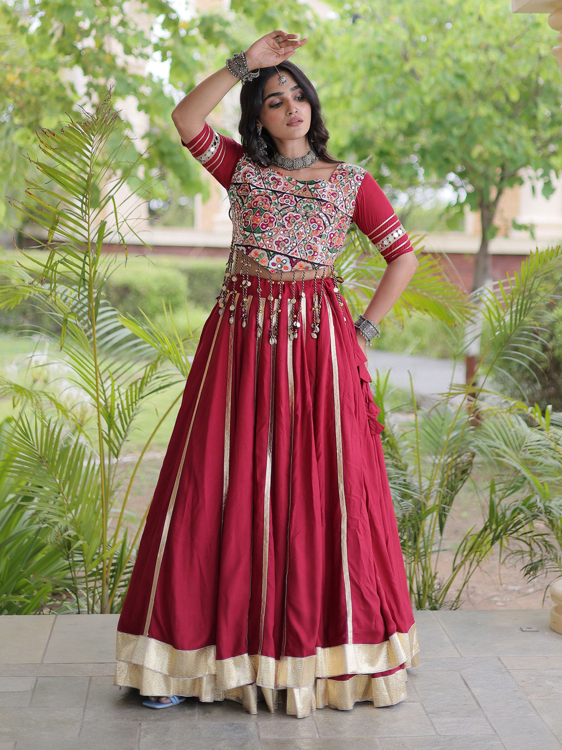 Fantastic Maroon Gamthi Work Rayon Navratri Wear Lehenga Choli