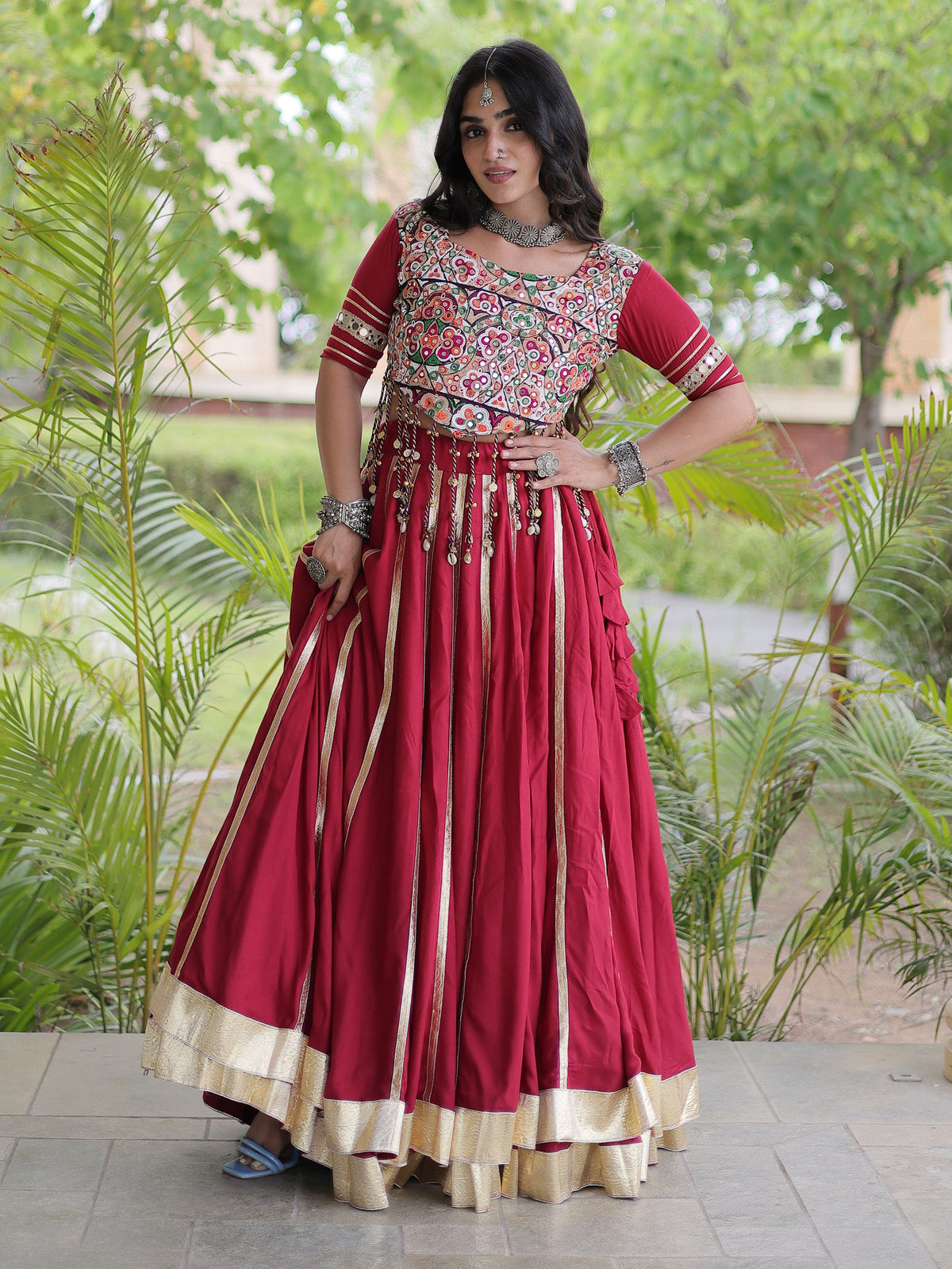 Fantastic Maroon Gamthi Work Rayon Navratri Wear Lehenga Choli