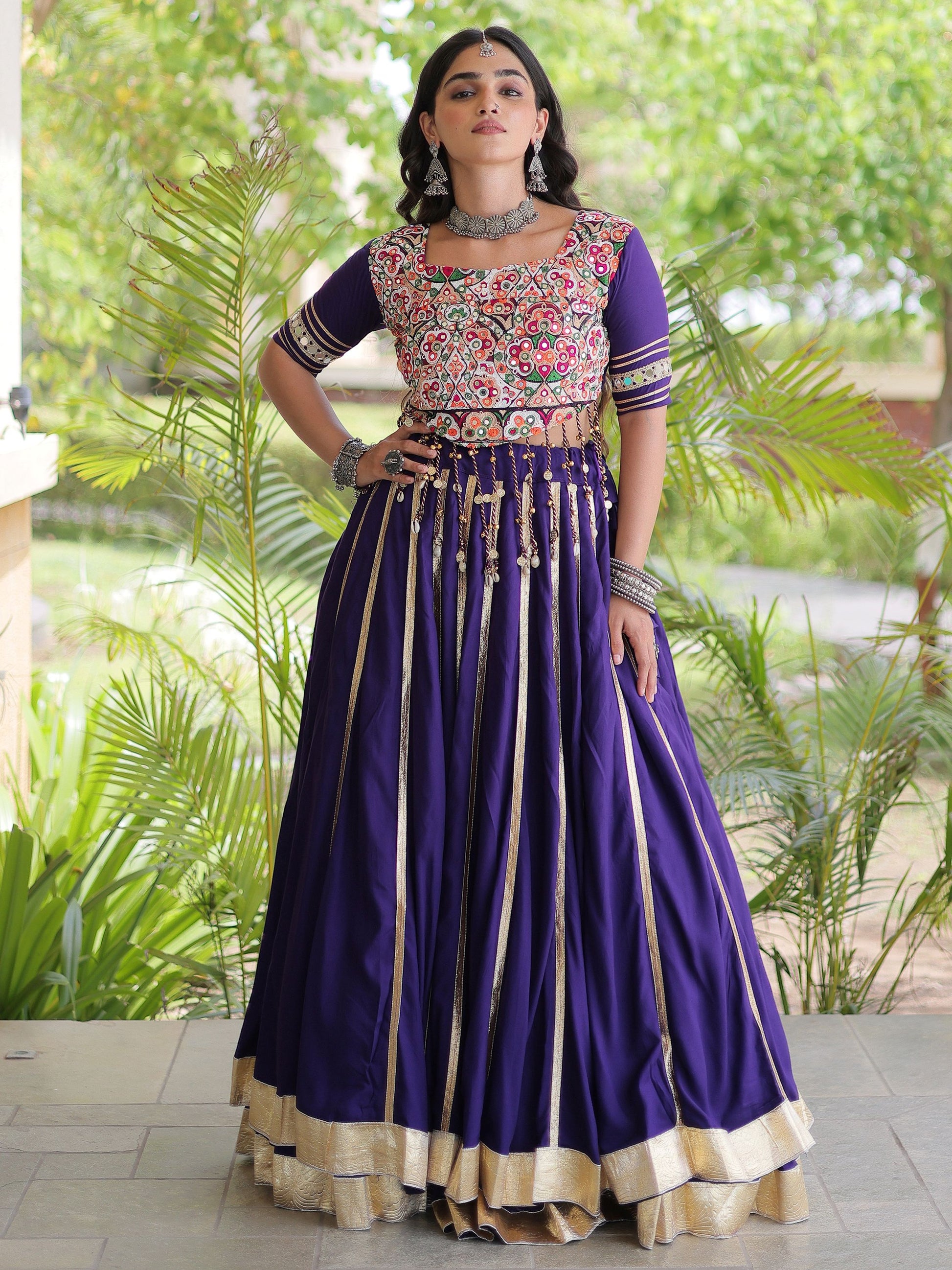 Adorning Purple Gamthi Work Rayon Navratri Wear Lehenga Choli