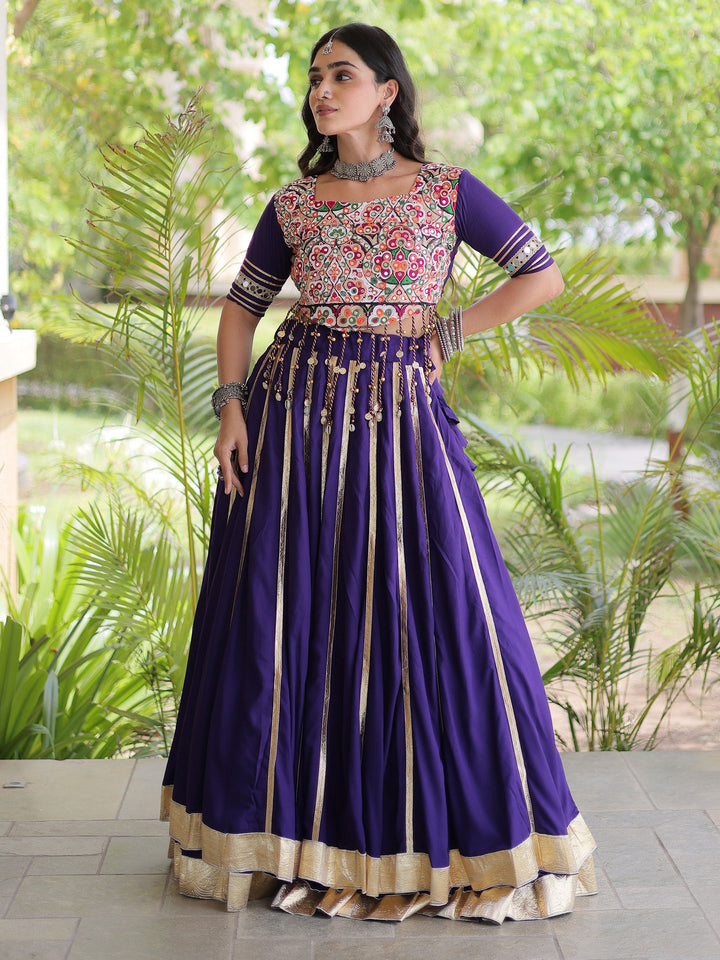 Adorning Purple Gamthi Work Rayon Navratri Wear Lehenga Choli