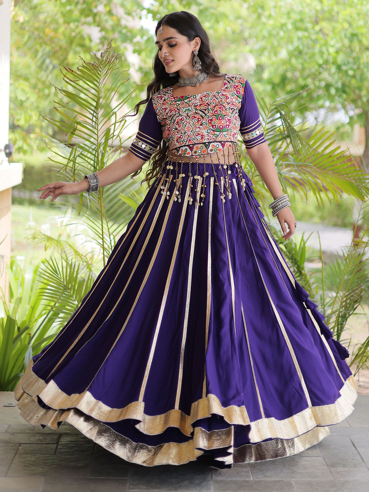 Adorning Purple Gamthi Work Rayon Navratri Wear Lehenga Choli