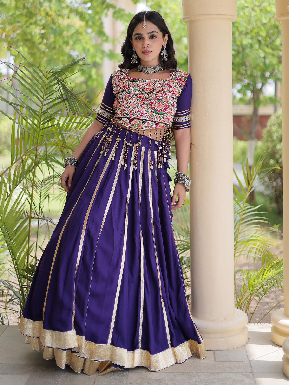Adorning Purple Gamthi Work Rayon Navratri Wear Lehenga Choli