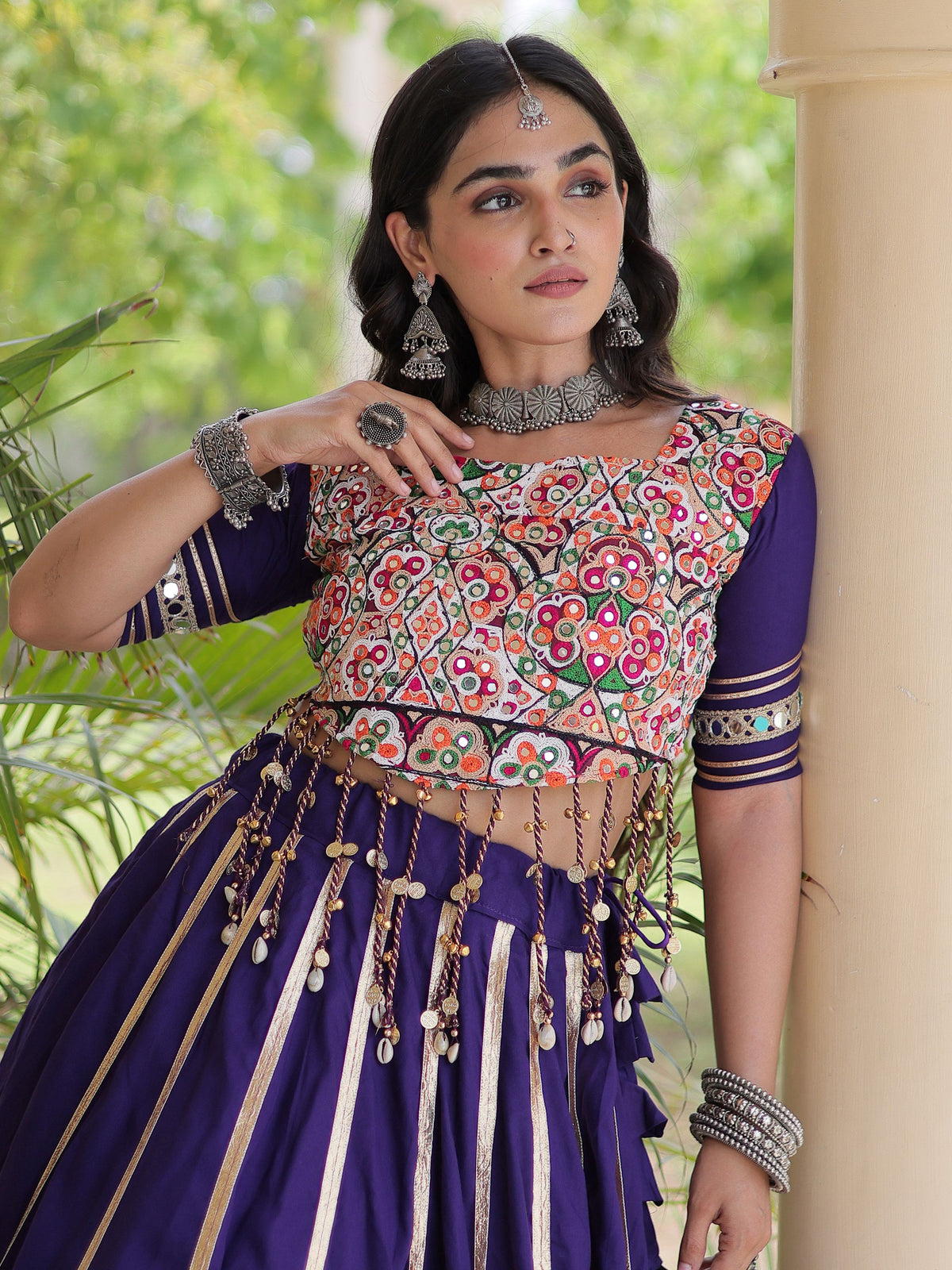 Adorning Purple Gamthi Work Rayon Navratri Wear Lehenga Choli