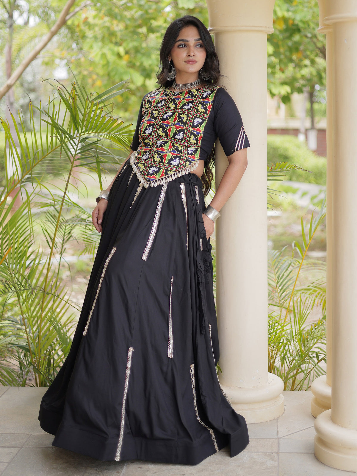 Fantastic Black Mirror Work Rayon Navratri Wear Lehenga Choli