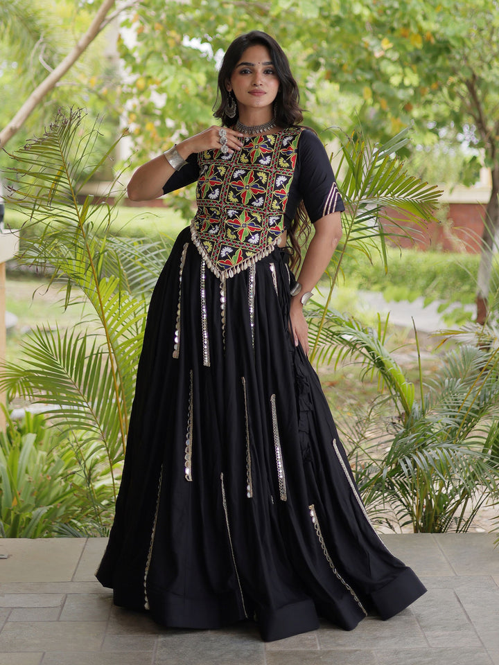 Fantastic Black Mirror Work Rayon Navratri Wear Lehenga Choli